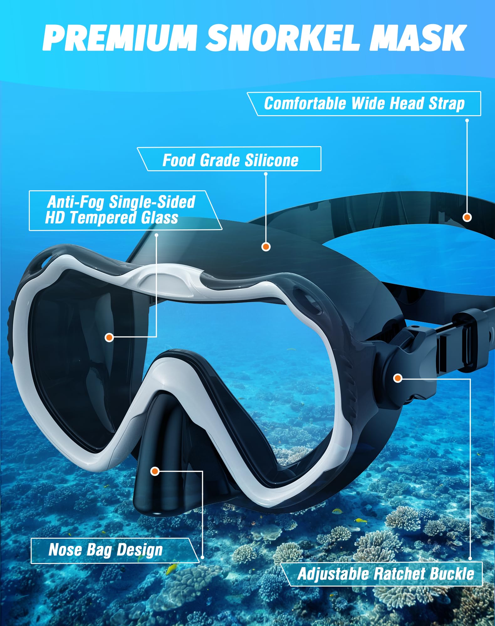 Sprzęt do nurkowania dla dorosłych, zestaw masek do snorkelingu 180°, panoramiczny widok sprzęt do nurkowania, 100% silikon klasy spożywczej, przeciwmgielna, przeciw wyciekom, sucha maska do