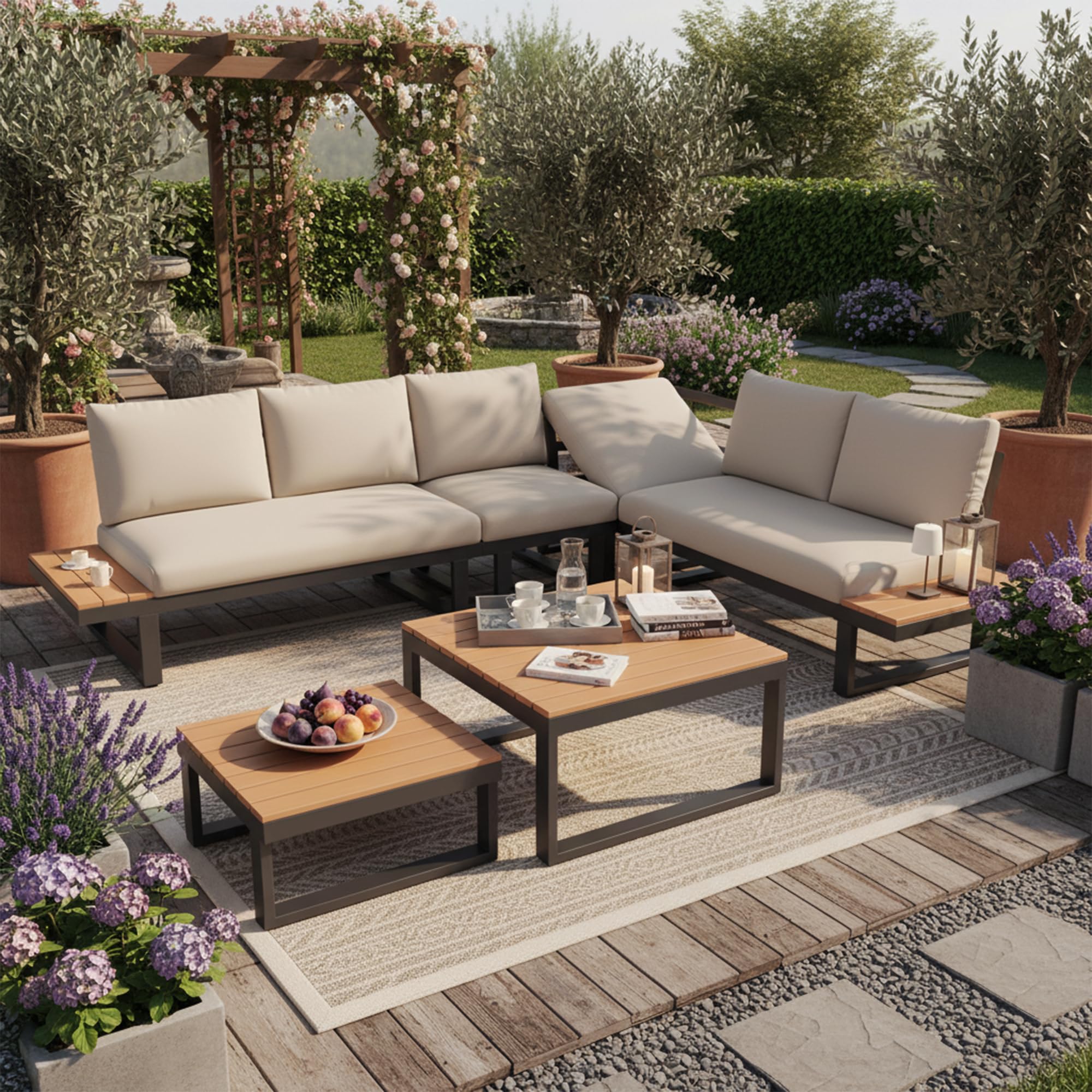 Outdoor Garden Furniture 6/8 People with Adjustable Tilt Function (5 Positions, Up to 55°), Corner Sofa Outdoor Garden with Wooden Top, 2 Low Garden Tables, Beige and Grey