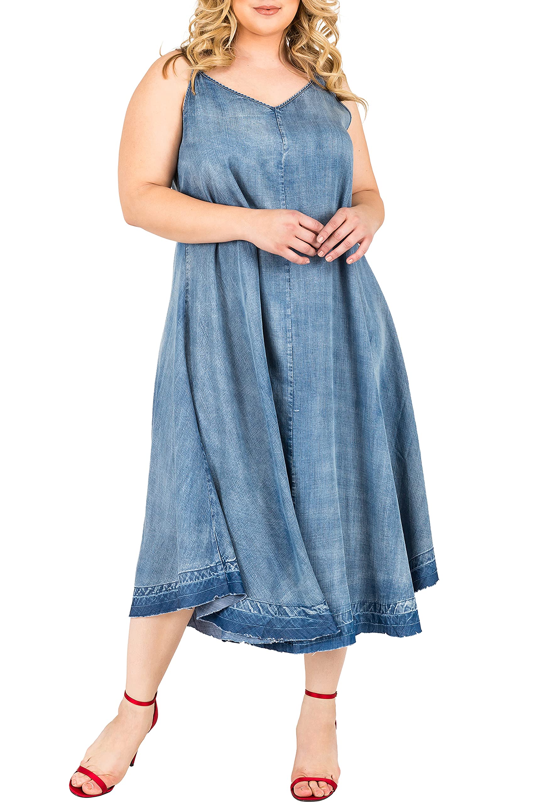Standards & Practices Women's Plus Size V-Neck A-Line Tencel Denim Maxi Dress