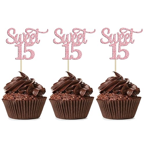 Gyufise 24 adornos para cupcakes con purpurina rosa de 15 años, decoraciones para cumpleaños de 15 años, suministros de fiesta de aniversario