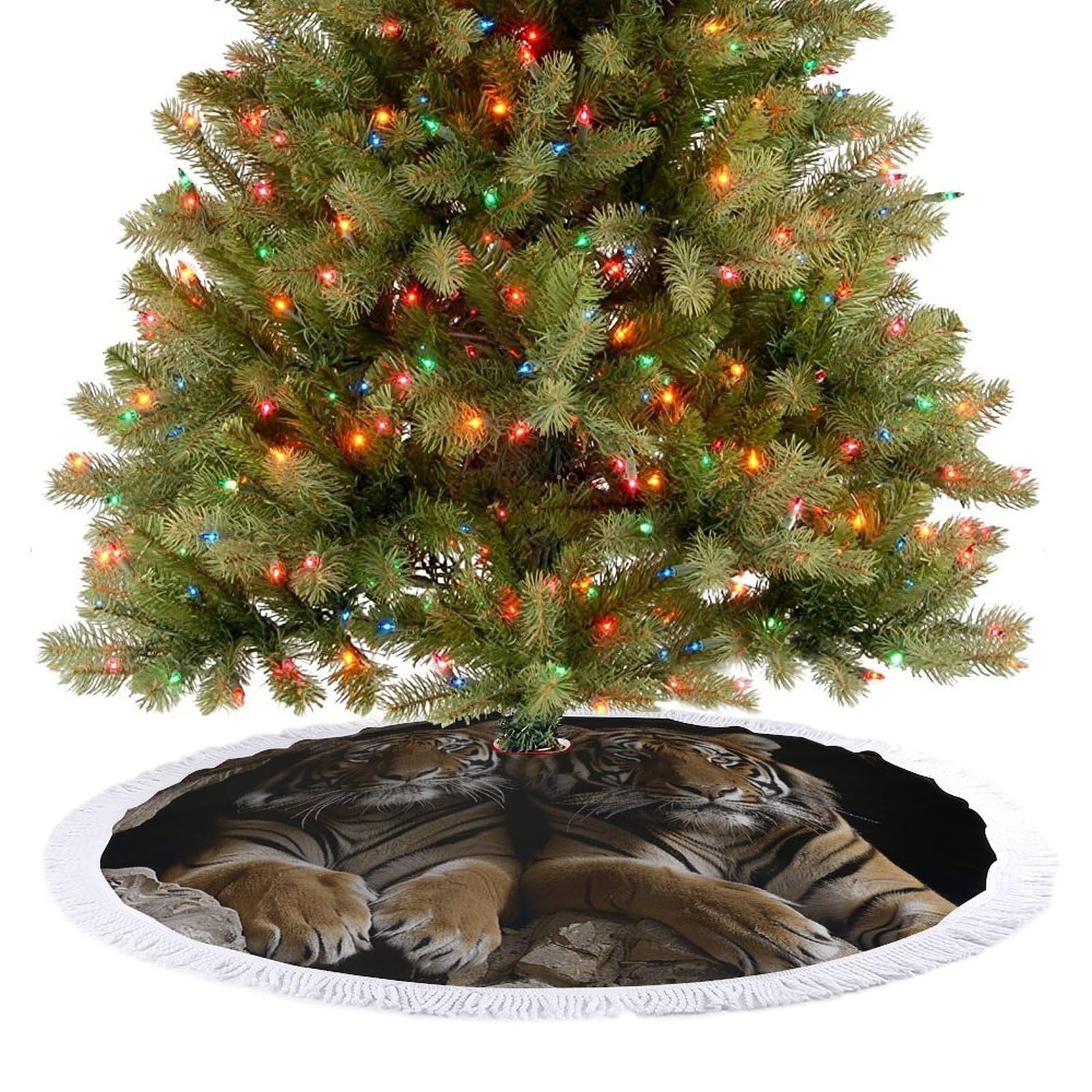 Tiger in Cave Christmas Tree Skirt 48" Rustic Xmas Tree Mat with Tassel Ornament Christmas Trees Cover Skirt Mat for Evergreen Trees Ornament Winter Holiday Mats Decorations