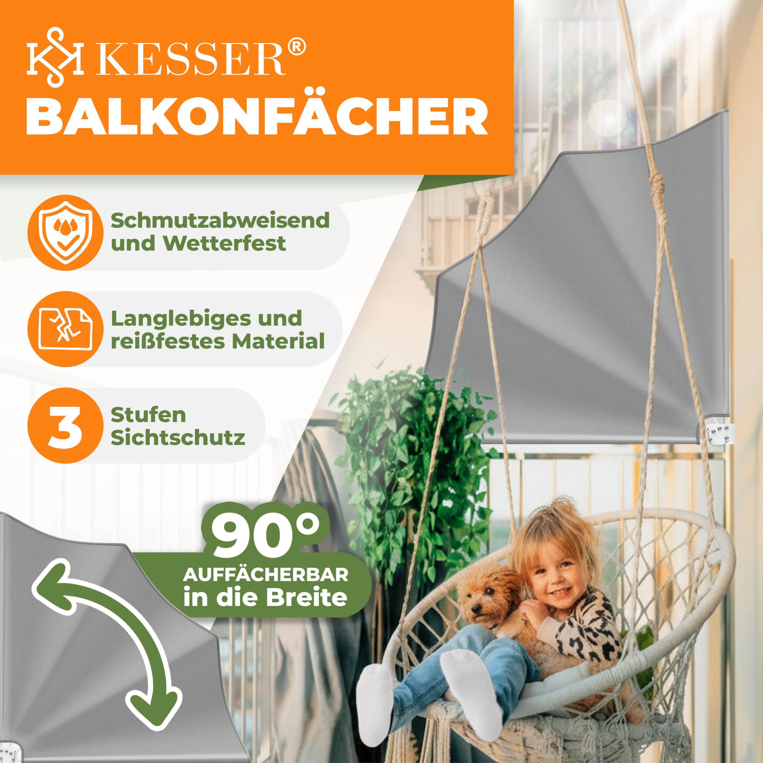 KESSER® Balkonfächer klappbar mit Wandhalterung | 140x140cm | Sichtschutz Balkon Windschutz | Balkonsichtschutz | Seitenmarkise | witterungsbeständig | inkl. Montagematerial | Hellgrau