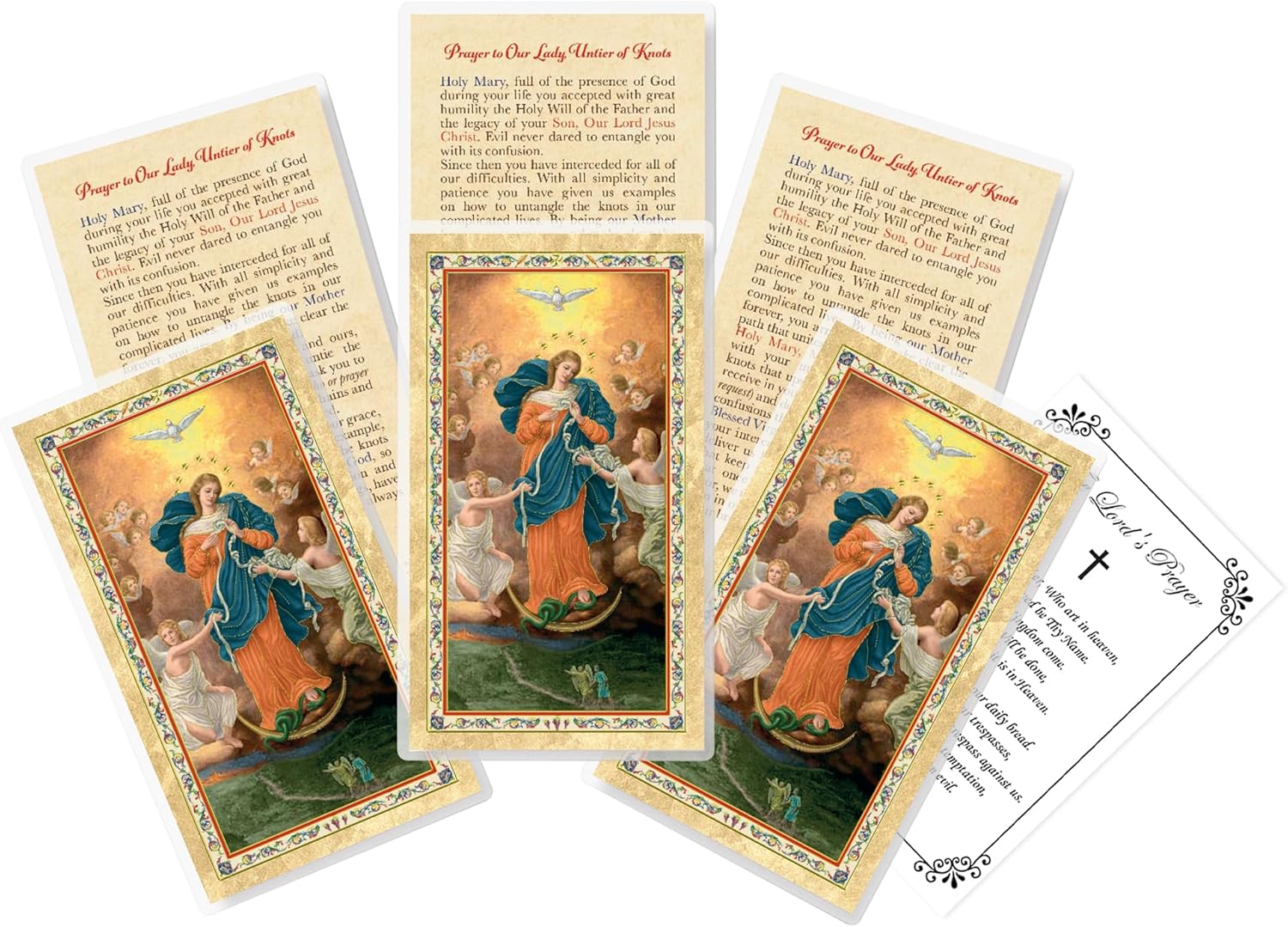 Mary Undoer Of Knots Prayer Card - with The Lord's Prayer Card - 6 Laminated Mary Untier of Knots Prayer Card For Daily Prayers - Our Lady Undoer Of Knots Prayer Card Set, Total 7 Items