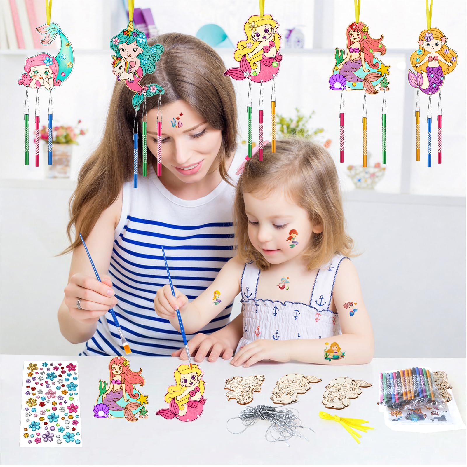 SRIZIAN 10piezas Sirena Manualidades para Niñas Kit de Manualidades de Campanillas de Viento de Madera de Sirena Regalos Manualidades Decoración para Fiestas Puertas y Jardines Bricolaje
