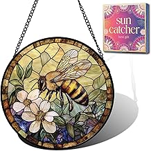 Bee Gifts for Mom - Bees Flowers Faux Stained Glass Window Hanging Sun Catcher for Door Garden Acrylic Decor Mother's Day Birthday Stocking Stuffer Gift for Women Nana Friend Men Grandma 7.8"