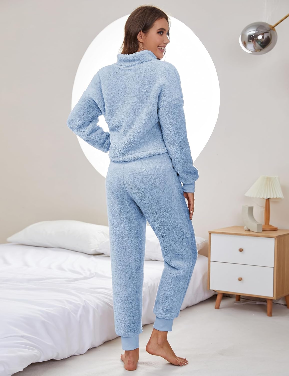 Women's Fluffy Pajamas Set Loungewear Sleepwear Lounge Casual Fleece Cropped Flannel Pullover and Pants Set - Image 3
