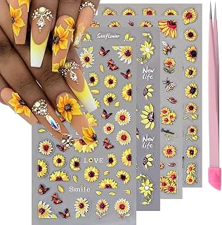 4 Sheets 5D Flower Nail Art Stickers Embossed Nail Decals Autumn Nails Art Design 3D Self-Adhesive Sunflowers Yellow Flower Nails Stickers for Women DIY Decoration
