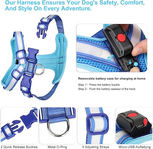Miniatura 5 de PZRLit Arnés para perro con luces LED, recargable, sin estrangulamiento, con luz solar, chaleco impermeable para perros medianos y grandes y XL,
