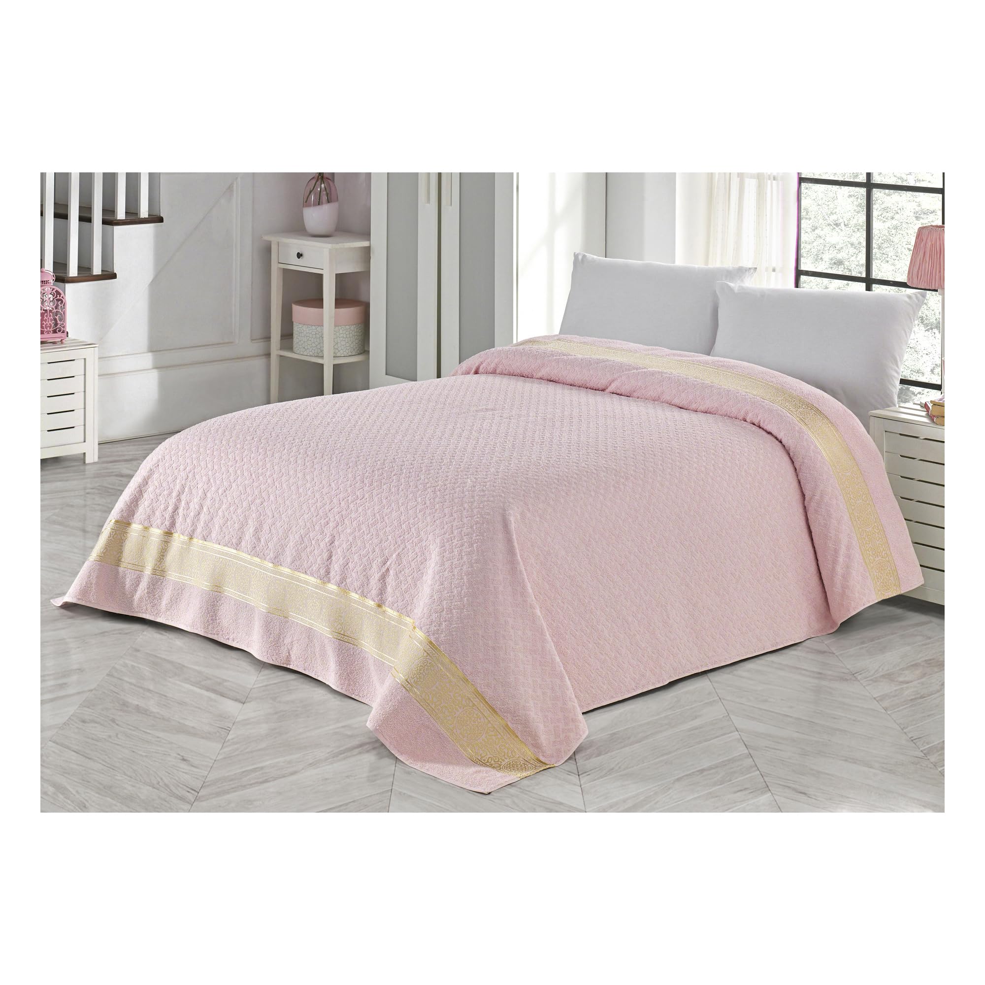 Villa Paris Premium Jacquard Bed Cover Turkish Cotton Blanket Organic Throw Bed Spread for Double/King Size Bed 200x220 cm (Pink)