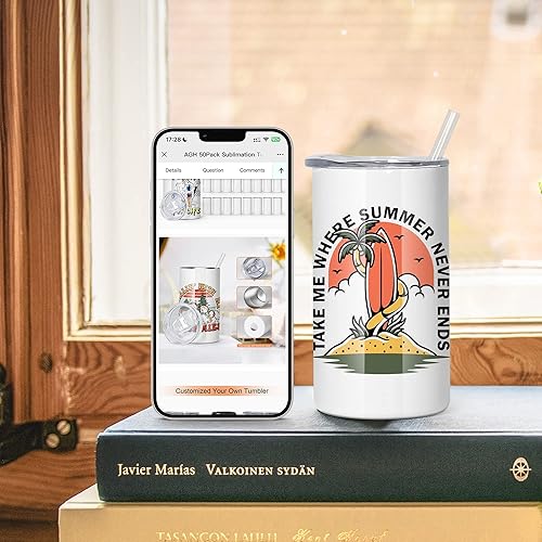 Miniatura 5 de AGH Vasos de sublimación de 12 onzas, paquete de 6 vasos de acero inoxidable rectos delgados con tapas y pajilla, vasos aislados al vacío de doble