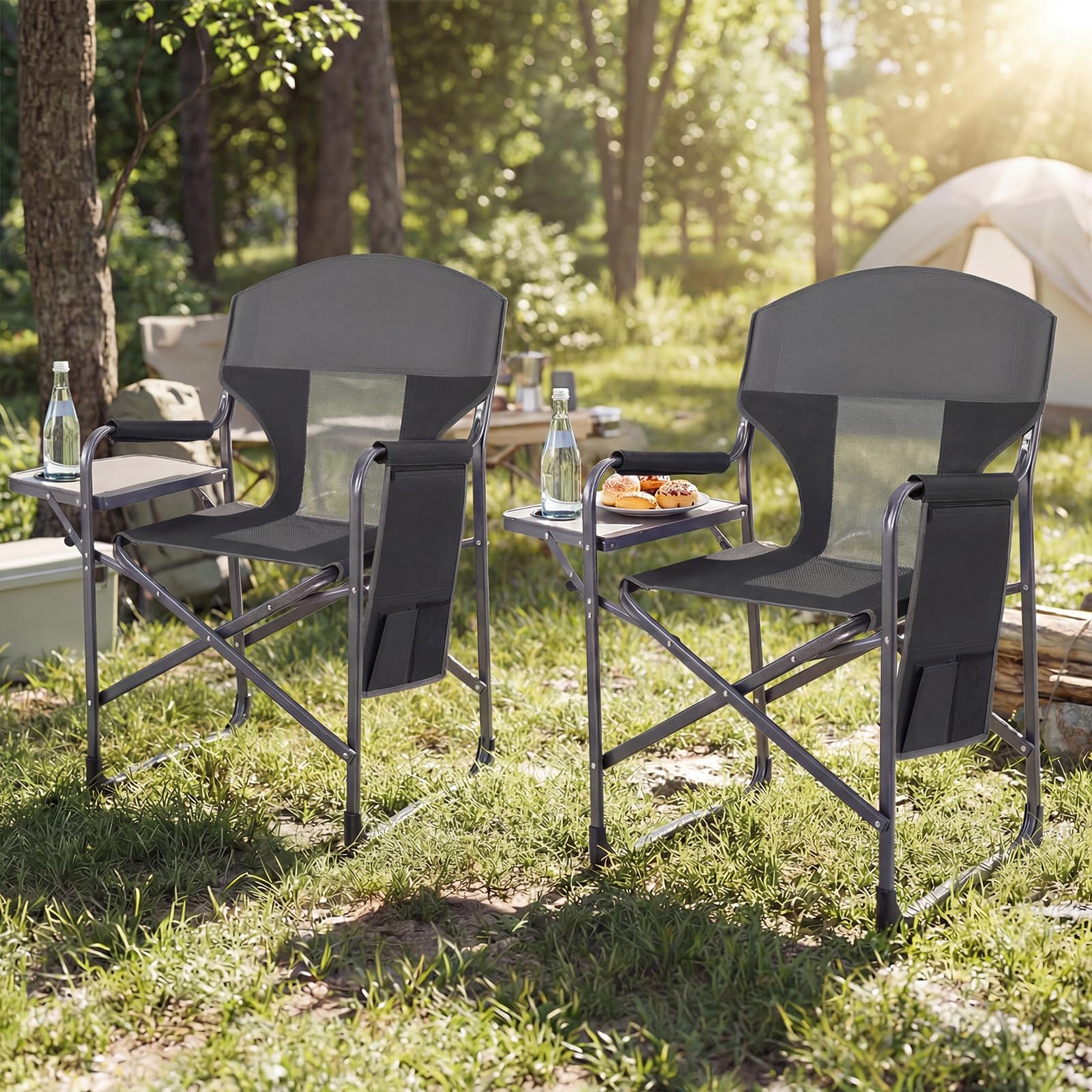 COSTWAY Regiestuhl klappbar, Campingstuhl mit Seitentisch, Seitentasche & Getränkehalter, Angelstuhl bis 180 kg belastbar, tragbarer Klappstuhl für Camping, Picknick & Festival (Schwarz + Grau)