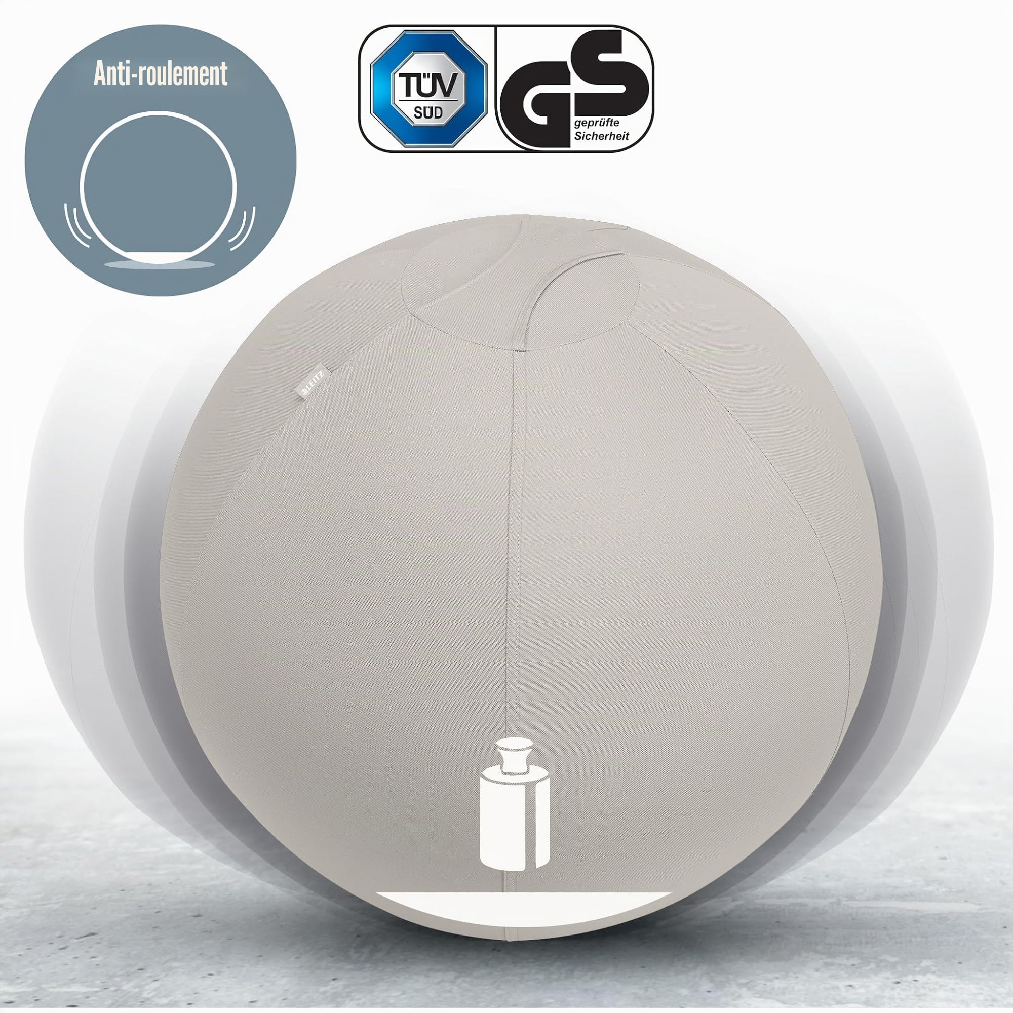 Ballon d'assise Leitz Ergo Active, Fonction Anti-basculement, Alternative Ergonomique à la Chaise de Bureau, diamètre 55 cm, Housse en Tissu, Pompe à air Manuelle, 2 Bouchons.