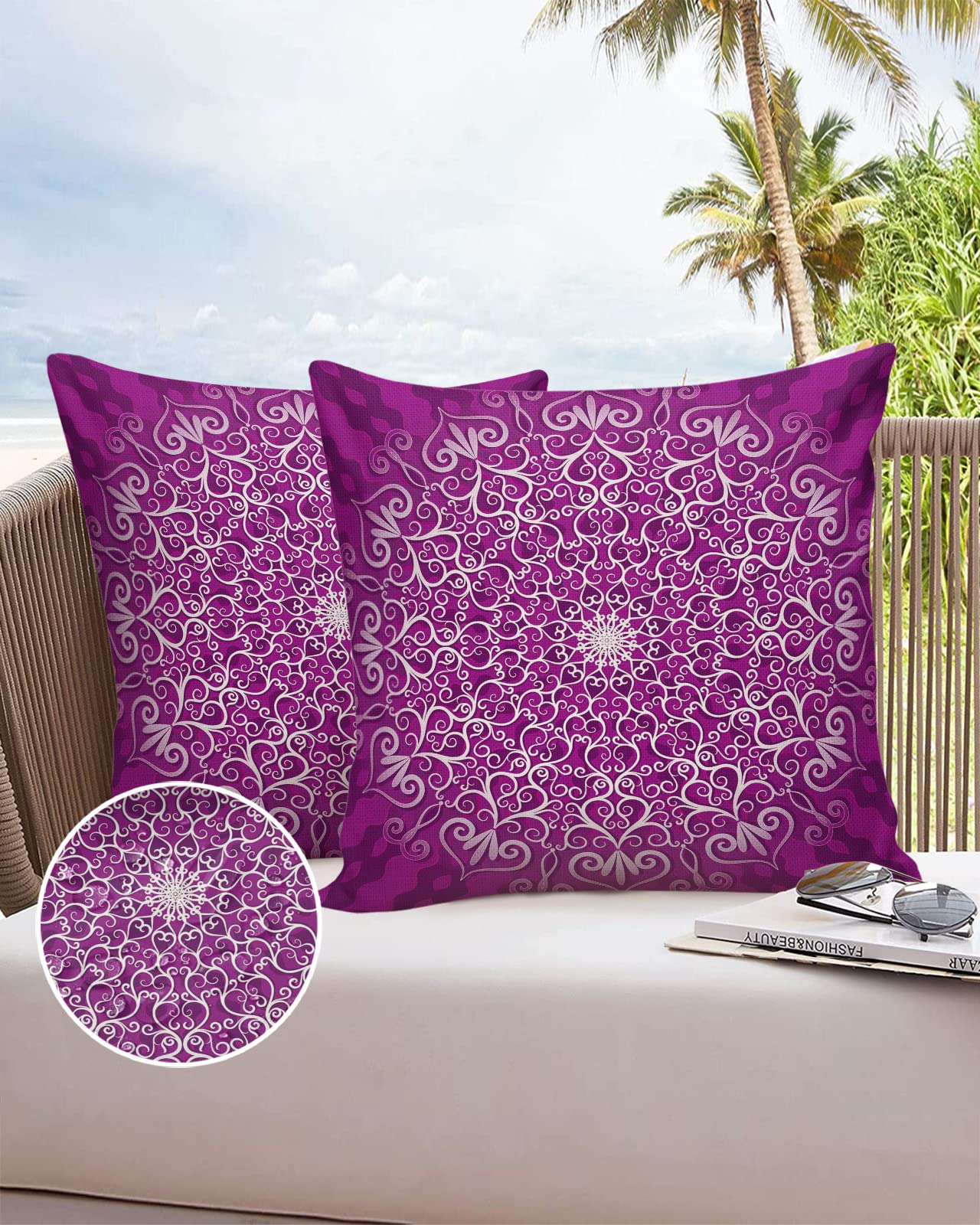 Edwiinsa Outdoor Pillow Covers Waterproof, White Waves Floral Line Mandala Pattern All Weather Cushion Case Set of 2, Purple Round Plants Decor Decorative Pillowcases for Sofa Couch Bed Patio 16