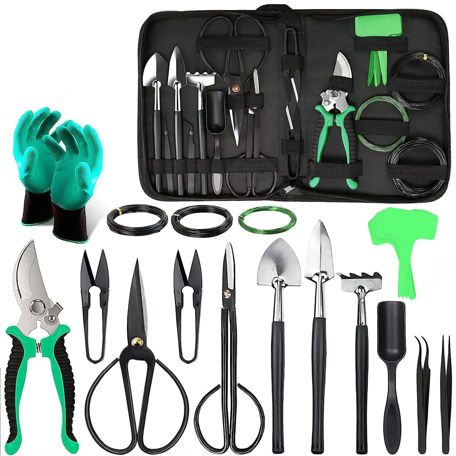 Kit de Herramientas para bonsái de 24 Piezas: Juego Completo de Acero poda, injerto y Cuidado. Ideal para Regalar y para Uso Personal en jardinería (Incluye Estuche)