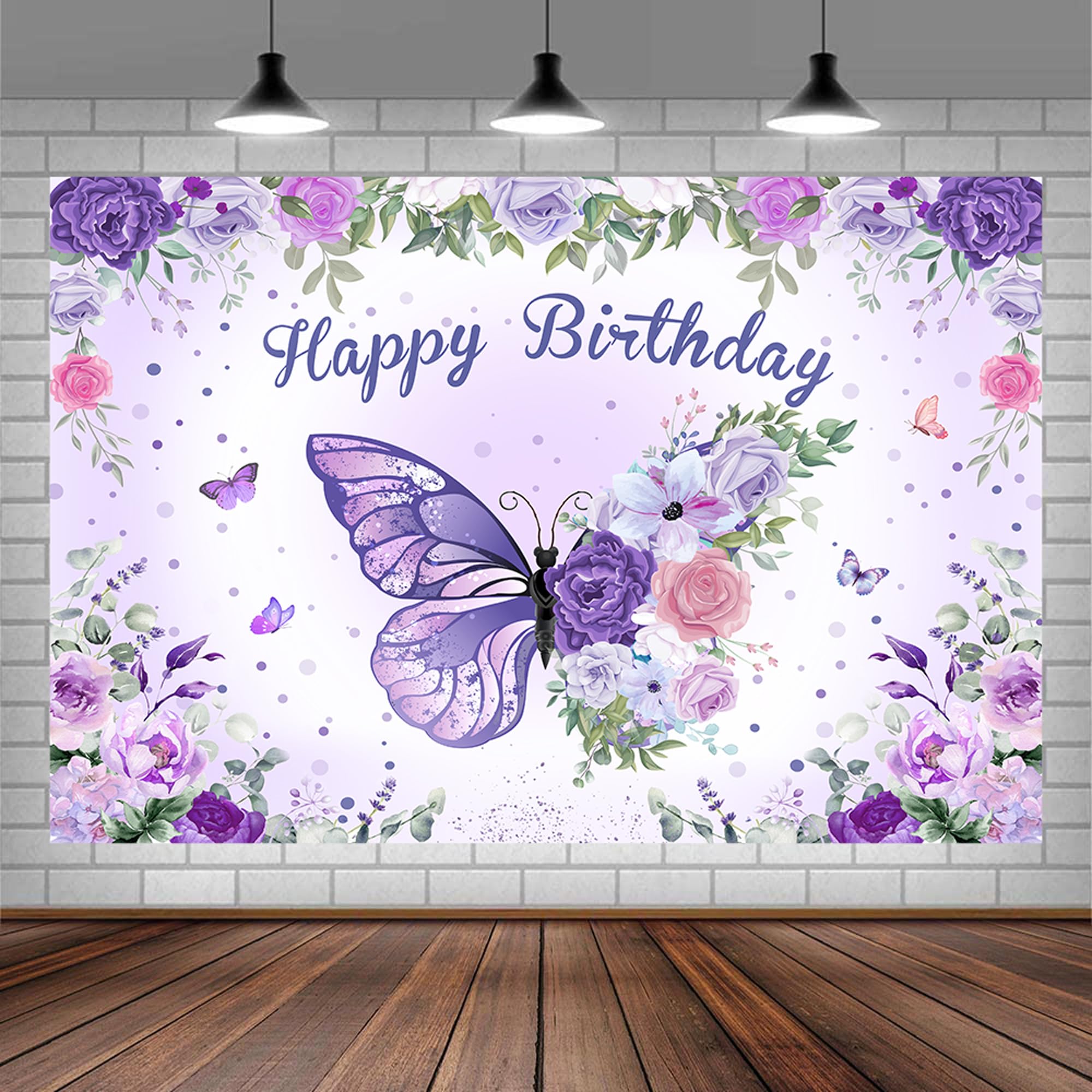 Photo 1 of 10 x 8 ft Butterfly Happy Birthday Backdrop Purple Butterfly Flower Leaves Floral Birthday Backdrops Party Backdrop Flowers Butterfly Birthday Decor Banner for Girls Birthday Photography Background