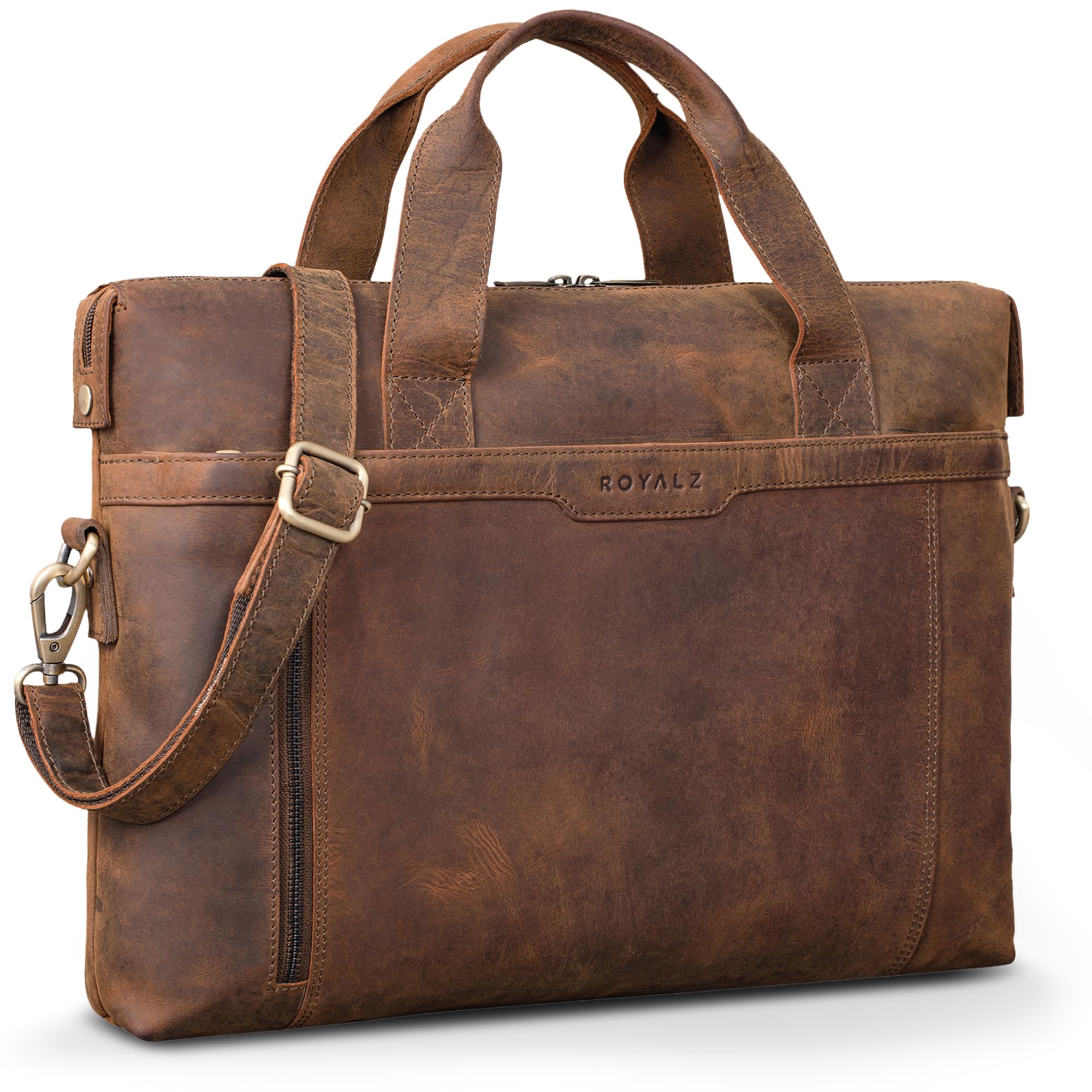 ROYALZ 'Seattle' Moderne Ledertasche Herren aus Echtleder groß - ideal als Business Aktentasche flache Laptoptasche 14-15.6 Zoll zum Reisen mit Trolley Halter;Farbe:Roma Cognac Braun