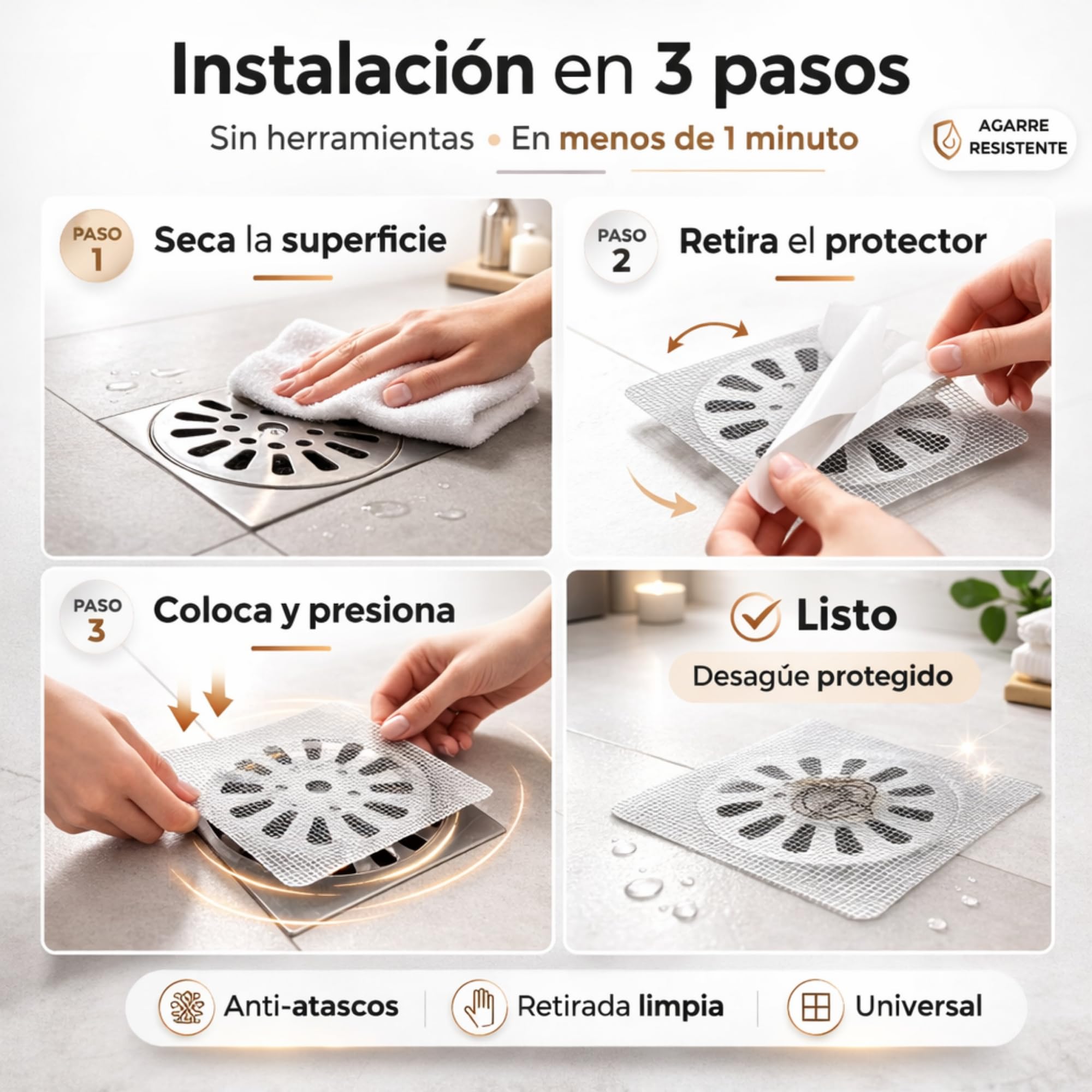 Rejilla Desague Ducha (50 Piezas) | Atrapa Pelos Ducha Adhesivo 10x10 cm | Filtro Desague Ducha Antipelos Desechable | Evita Atascos en Baño