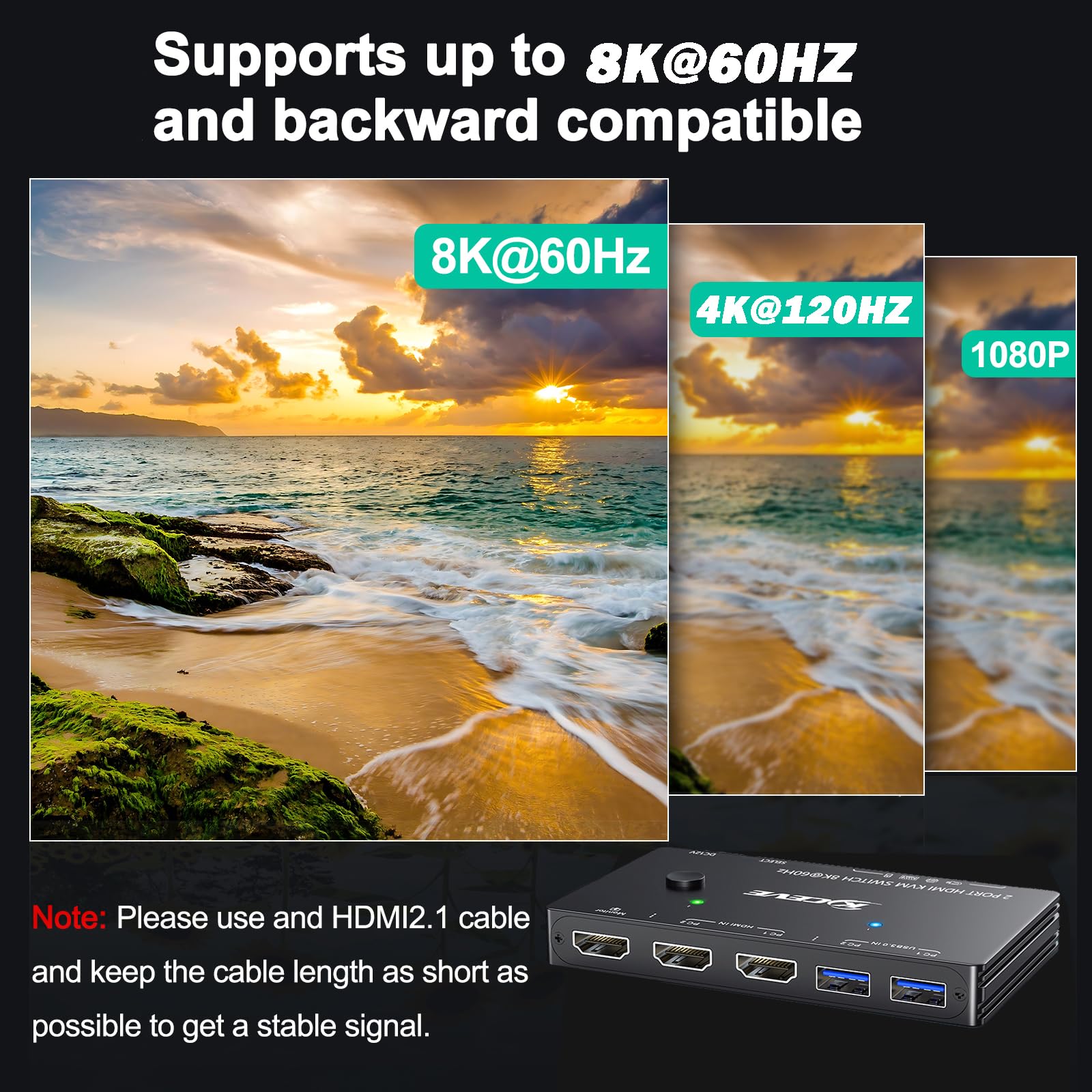 Przełącznik KVM 8K@60Hz 4K@120Hz, ESKEVE HDMI KVM Switch dla 2 komputerów dzielących 1 monitor i 3 urządzenia USB3.0, przewodowy pilot zdalnego sterowania i kabel USB w zestawie