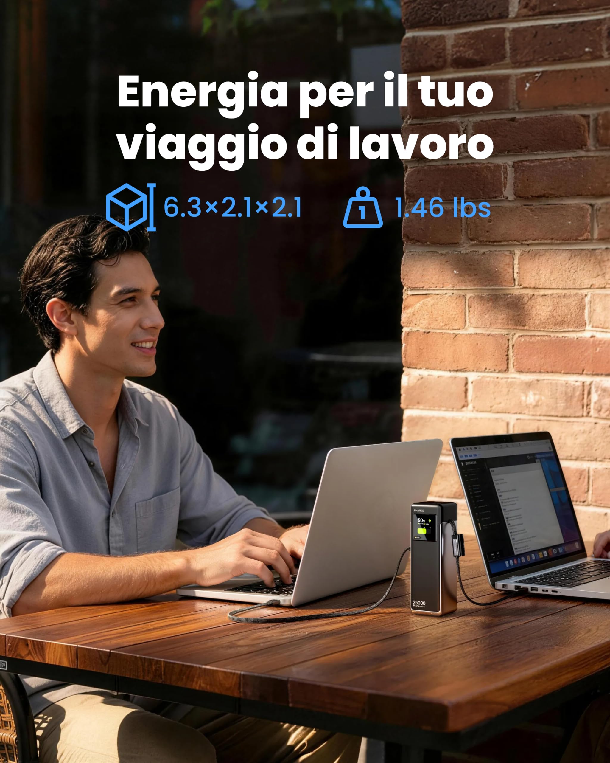 sharge Power Bank Portatile 170W, HyperTower 170 Caricatore Rapido 25000mAh con Cavi Integrati Retrattili, Display TFT Smart, 4 Porte USB (WH-EU)