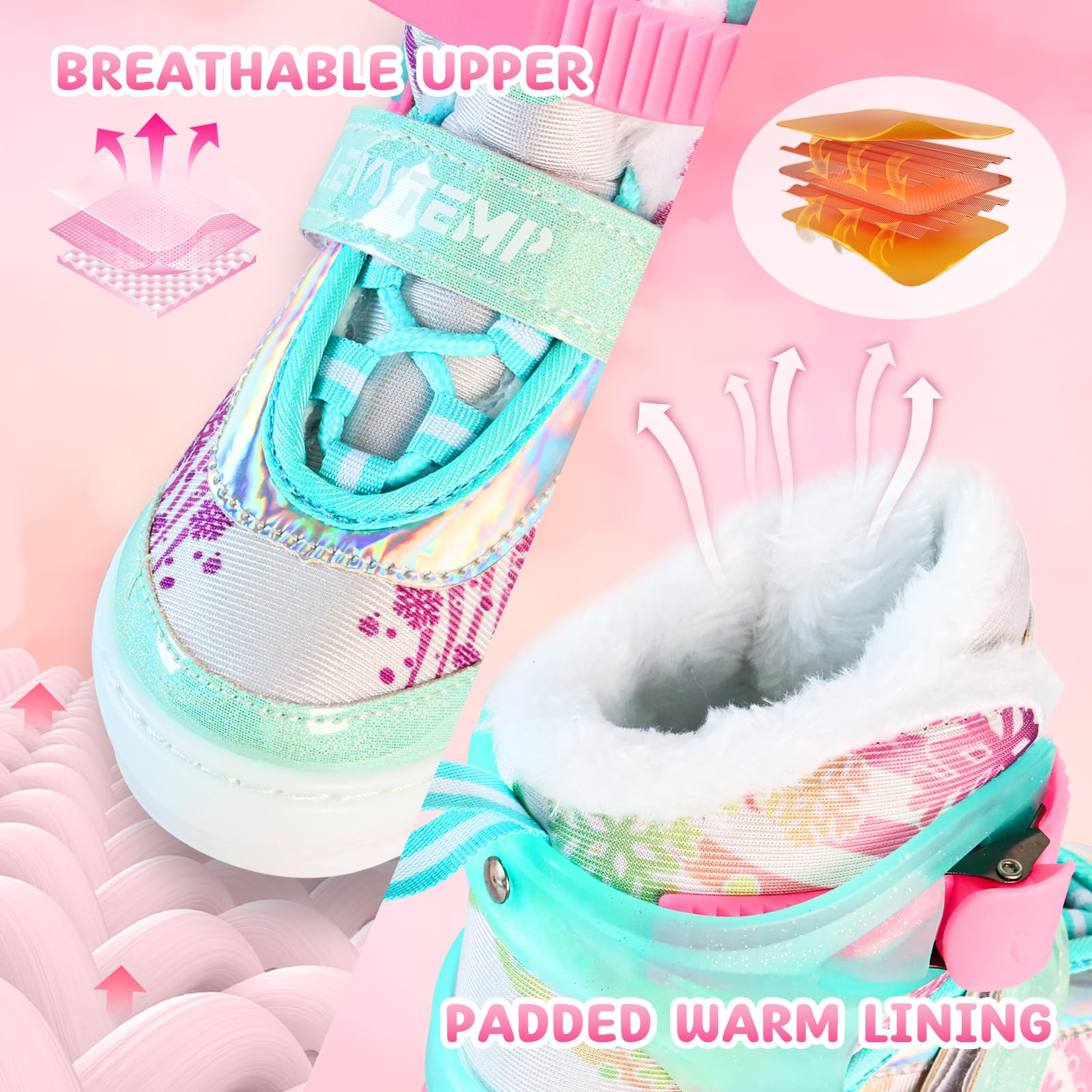 Patines de hielo ajustables para niños y niñas, forro polar cálido, 4 tamaños ajustables para principiantes, cuchillas de copo de nieve, soporte de tobillo, patines artísticos para exteriores