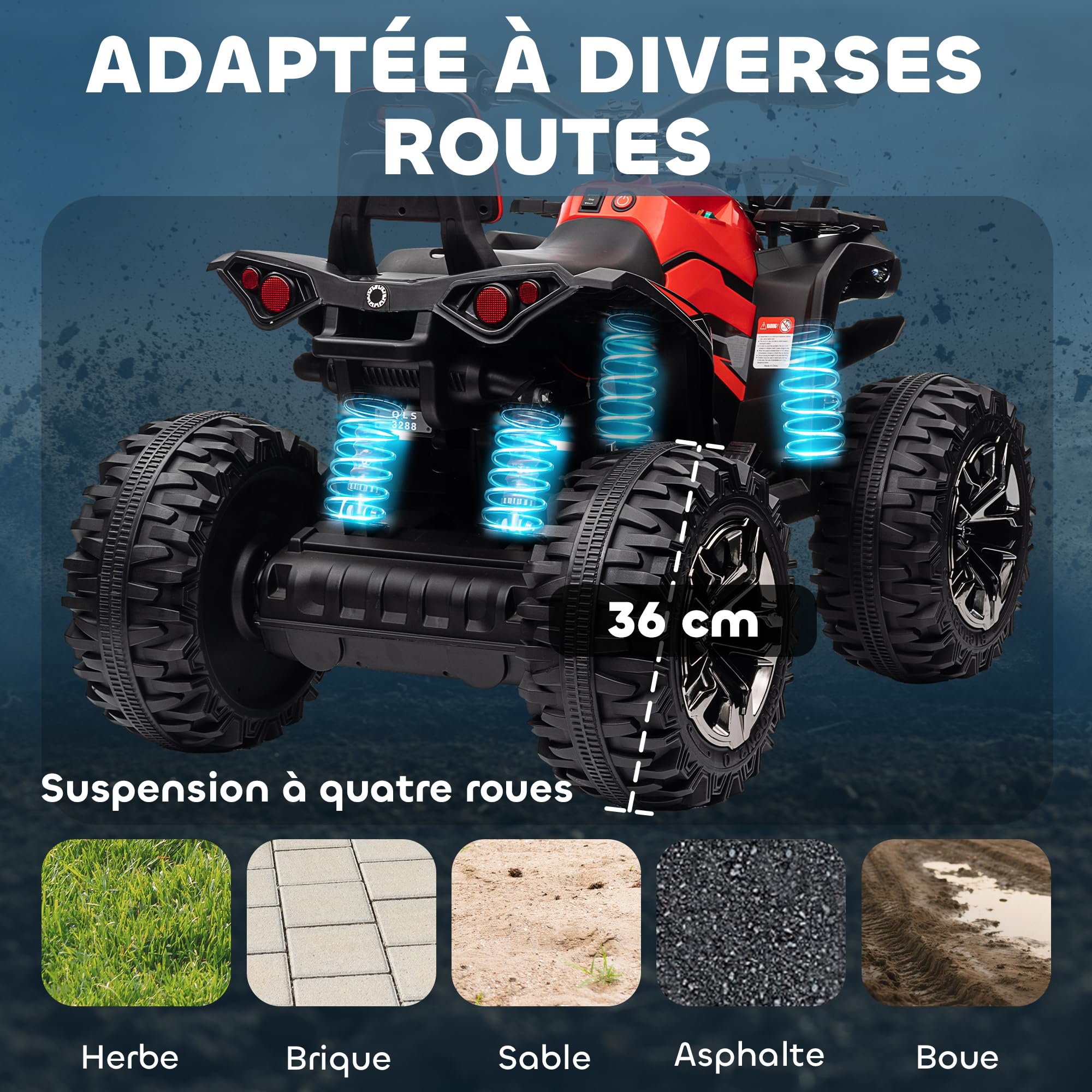 HOMCOM Quad Buggy électrique Enfant 12 V 8 Km/h Max. Voiture électrique Enfant avec Effets Lumineux sonores Selle avec Dossier Porte-Bagage Avant métal PP Rouge Noir