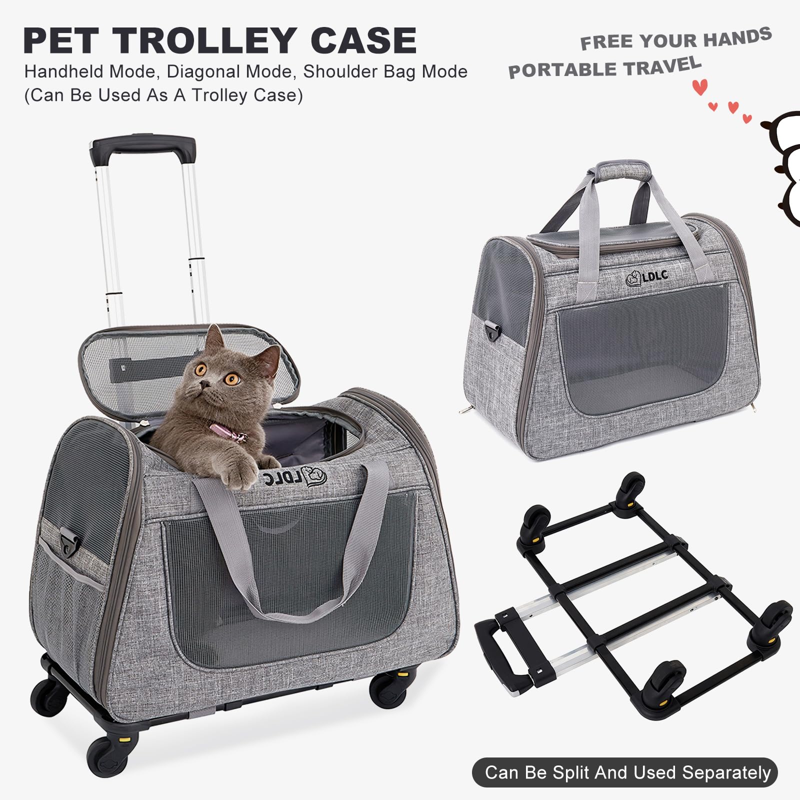 PETCUTE Katzen Transportboxen Bis zu 9 kg,Atmungsaktiv Haustier Transportbox mit Teleskopgriff und Räder,Tragetasche für Katzen und kleine Hunde mit Schultergurt,Abnehmbarem Kissen
