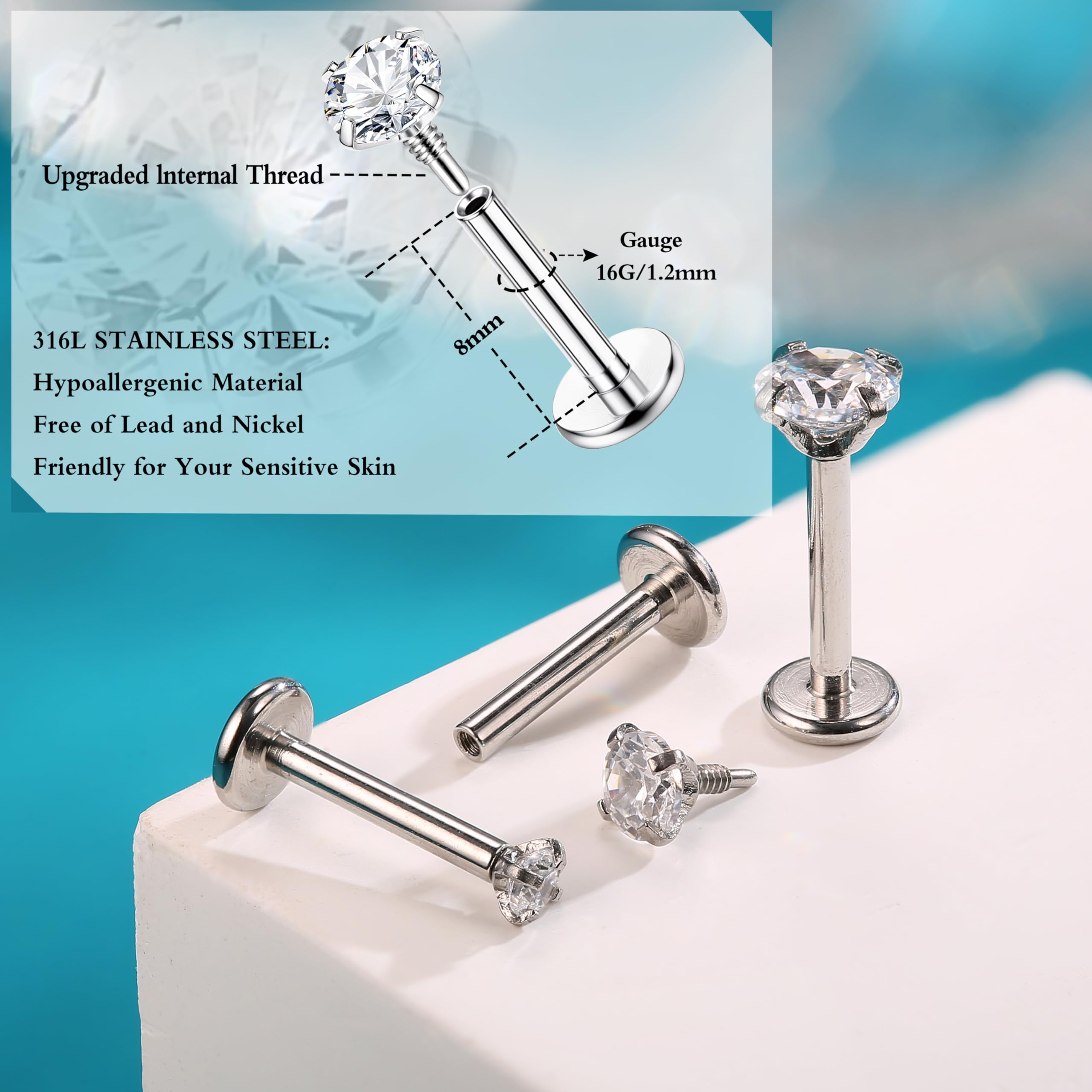 16G 12-teilige Ohrringe mit Flacher Rückseite, Helix-Tragus-Piercing-Schmuck