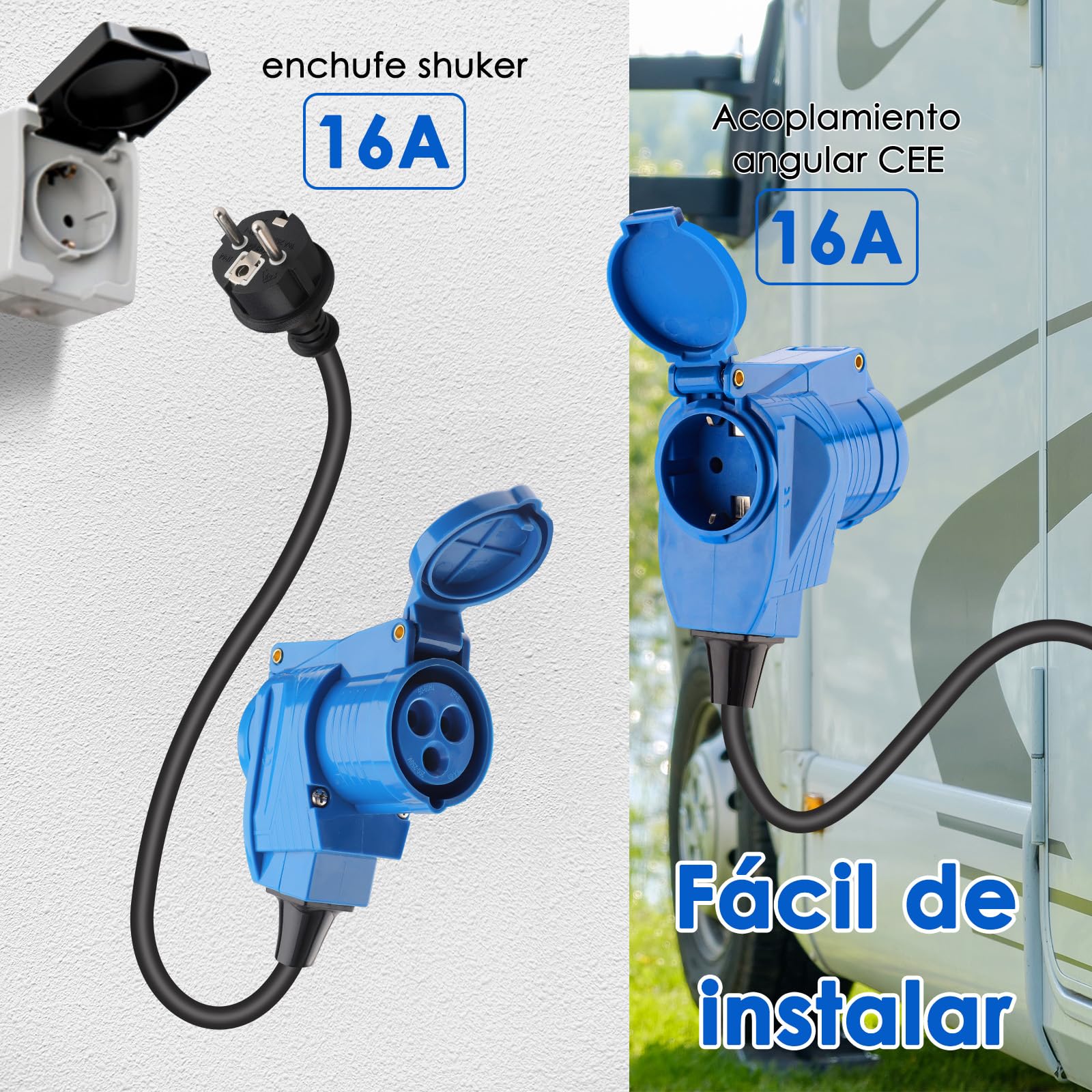 Cable Adaptador CEE acodado con Enchufe a Enchufe de protección de Contacto, Cable de 1,5 m, IP44, 250 V/16 A, 3 Polos, Toma de corriente angular cableable para Camping