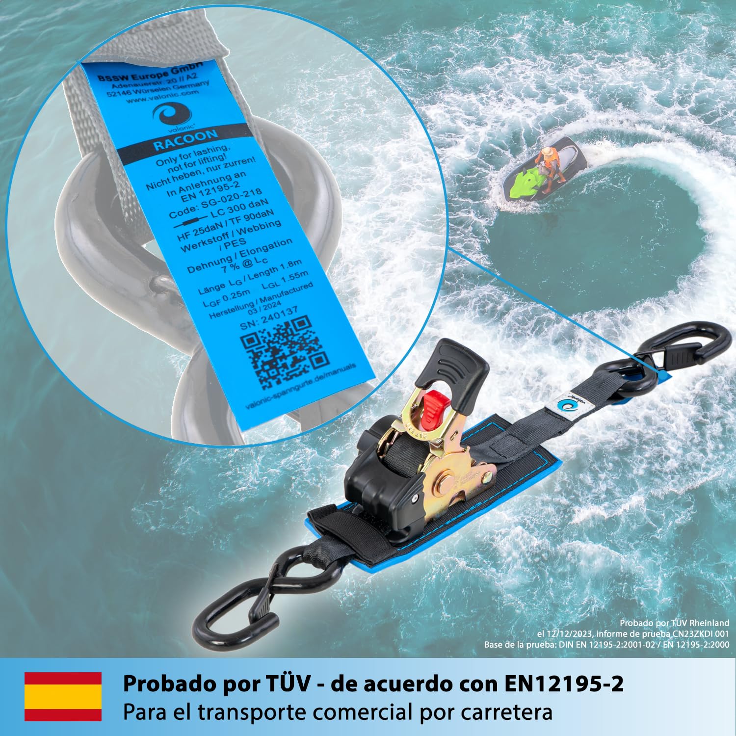 valonic Racoon - 2X 1,8m eslingas automáticas con carraca y Gancho, 25mm, 300/600 Kg, Acolchado, EN-12195-2 - cinchas de Amarre con trinquete, para Sup Board o Moto, Negro