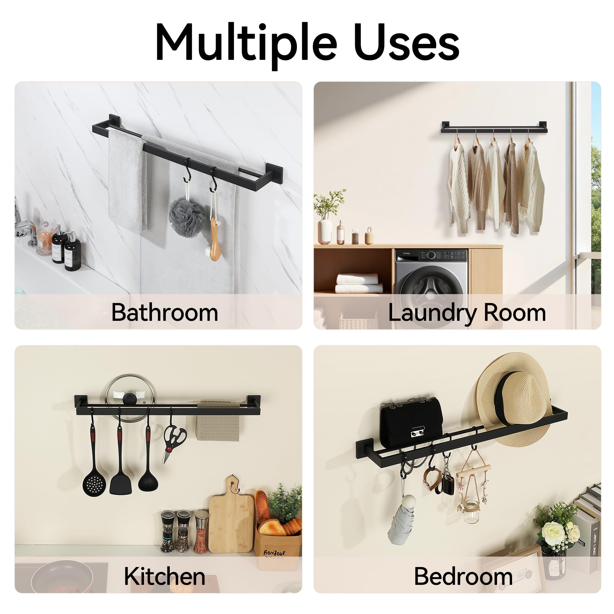 Mooche Porte Serviette Mural, 80 CM, en Acier Inoxydable 304, Noir