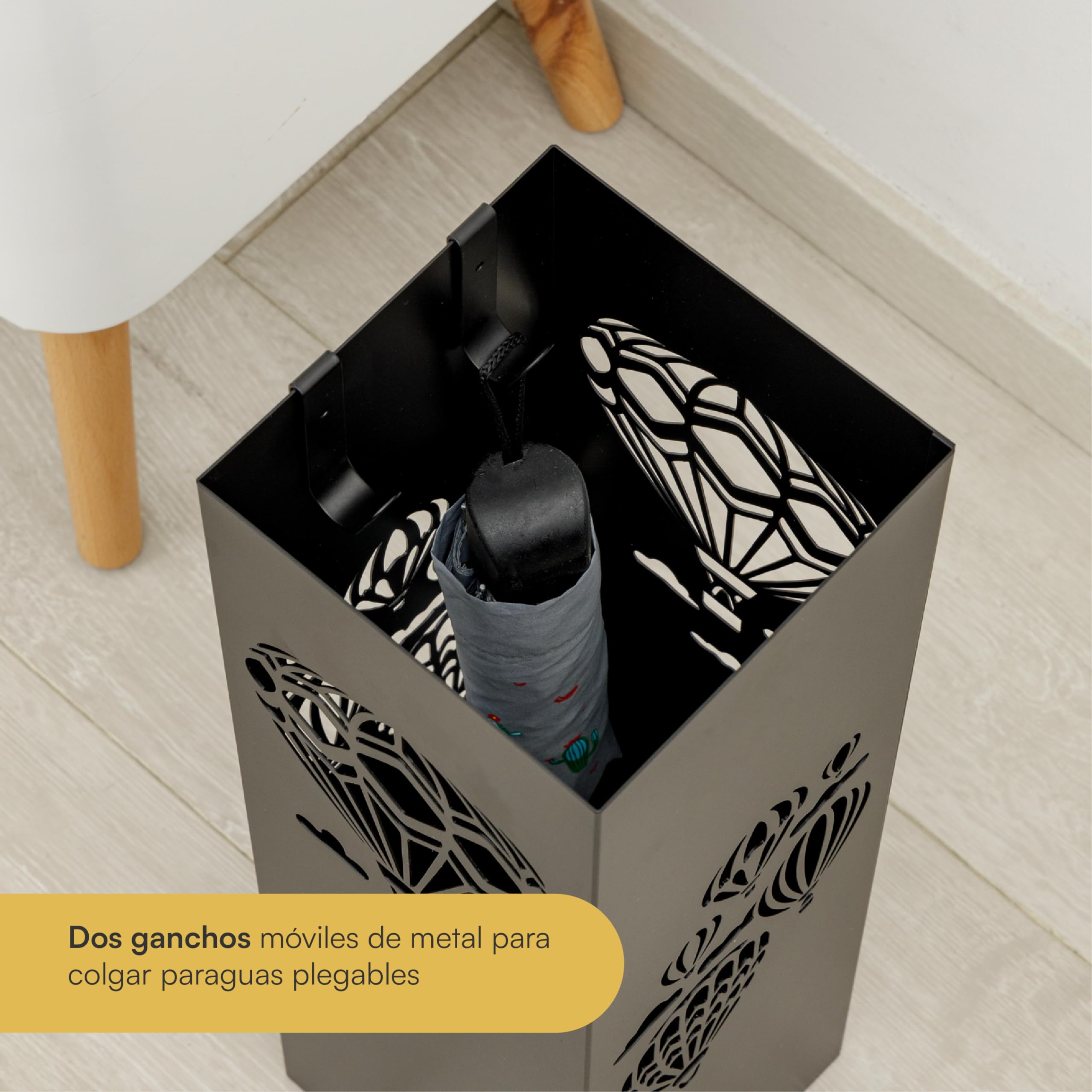 Baroni Home Paragüero de Diseño Moderno con Globos Aerostáticos, Paragüero de Metal con 2 Ganchos y Recipiente de Goteo Extraíble 16x16x49 cm, Negro