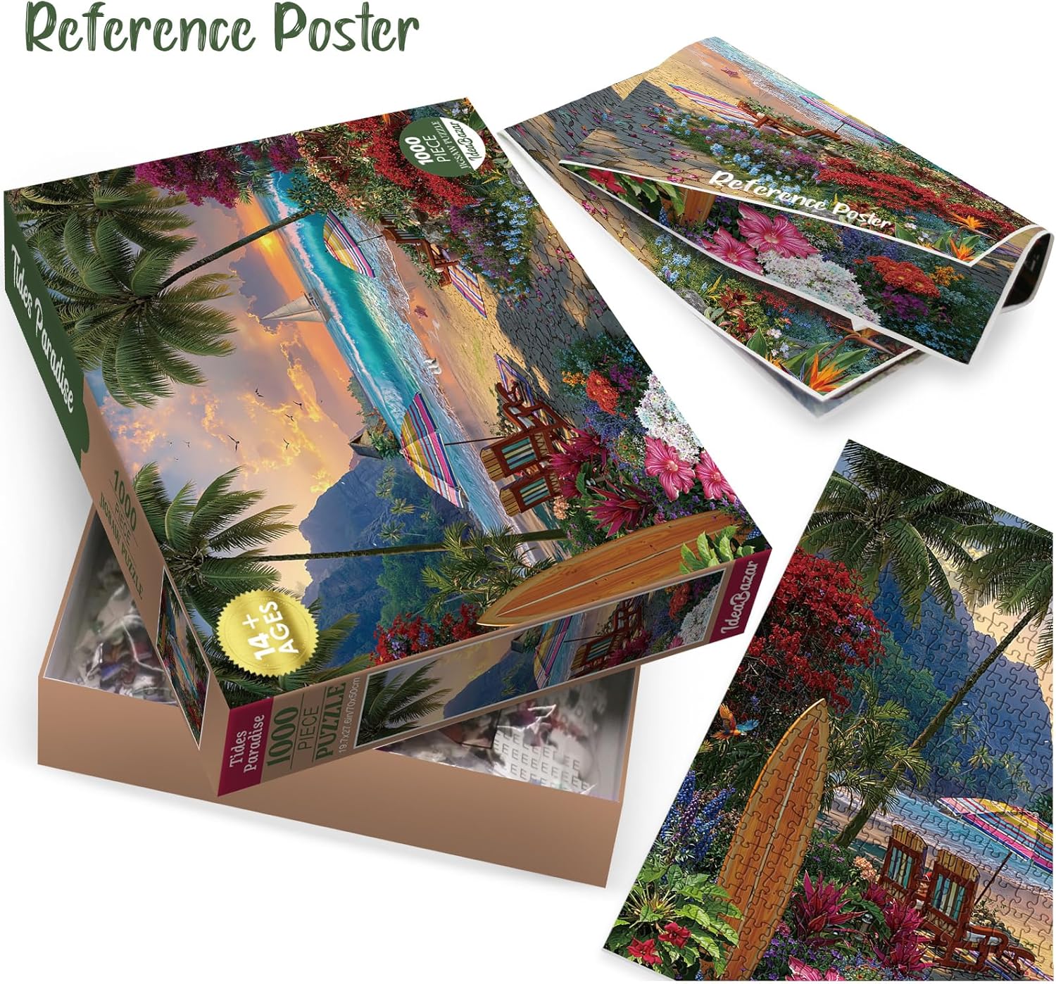 Colorful Beach Ocean Puzzles for Adults 1000 Pieces Nature, Beautiful Hawaii Bird Flower Plant Tree Jigsaw Puzzles, Pretty Landscape Sunset Sailboat Floral Scenery Puzzle