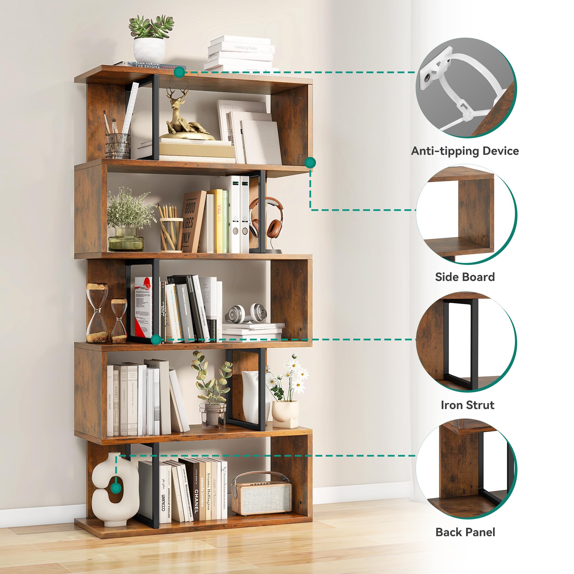 YITAHOME Boekenkast, industriële boekenplank met stalen frame, hoge staande rekken, open boekenplank, displayrek, opbergorganizer voor woonkamer, thuiskantoor, slaapkamer, rustiek bruin YITAHOME Boekenkast, industriële boekenplank met stalen frame, hoge staande rekken, open boekenplank, displayrek, opbergorganizer voor woonkamer, thuiskantoor, slaapkamer, rustiek bruin