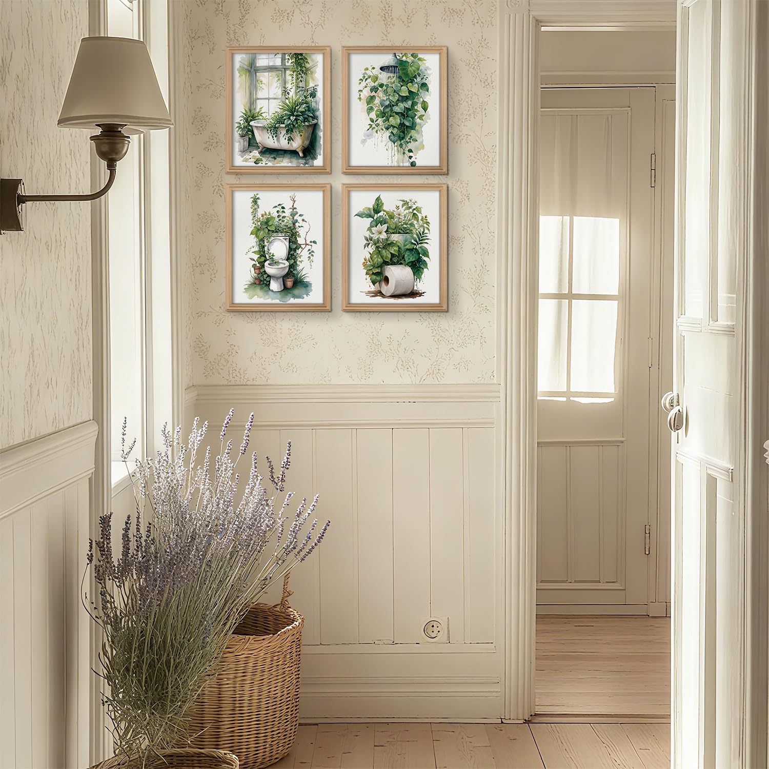 Set di 4 stampe artistiche da parete per bagno, senza cornice, motivo botanico, con piante rustiche, decorazione da parete per bagno, bagno, bagno, 30,5 x 40,6 cm