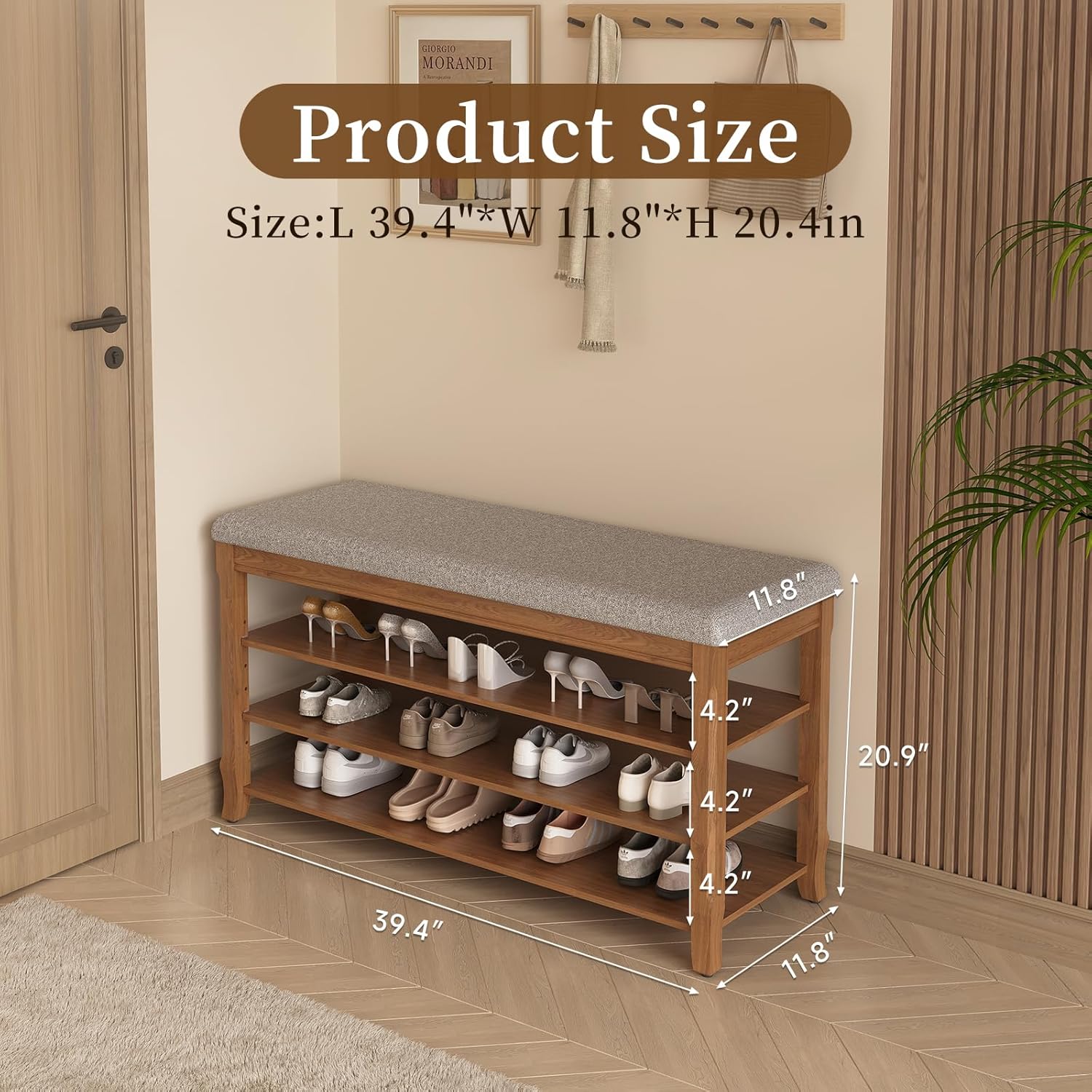 SolidWood Entryway Shoe Storage Bench, Flip-Top Soft-Close Lid, Adjustable Shelves, Cushioned Entryway Shoe Rack Organizer,Hallway, Closet, Foyer 39.4''