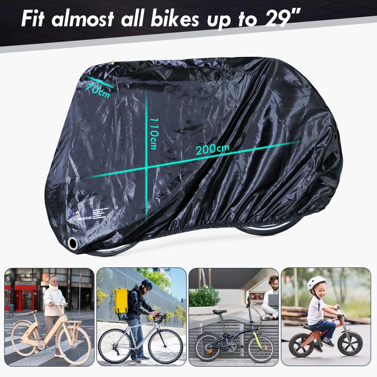 CCLIFE Pokrowiec na rower, wodoszczelny, z oczkami na zamek, 200 x 110 x 70 cm, plandeka na rower, tkanina Oxford 210D, pokrowiec ochronny na rower górski, wyścigowy