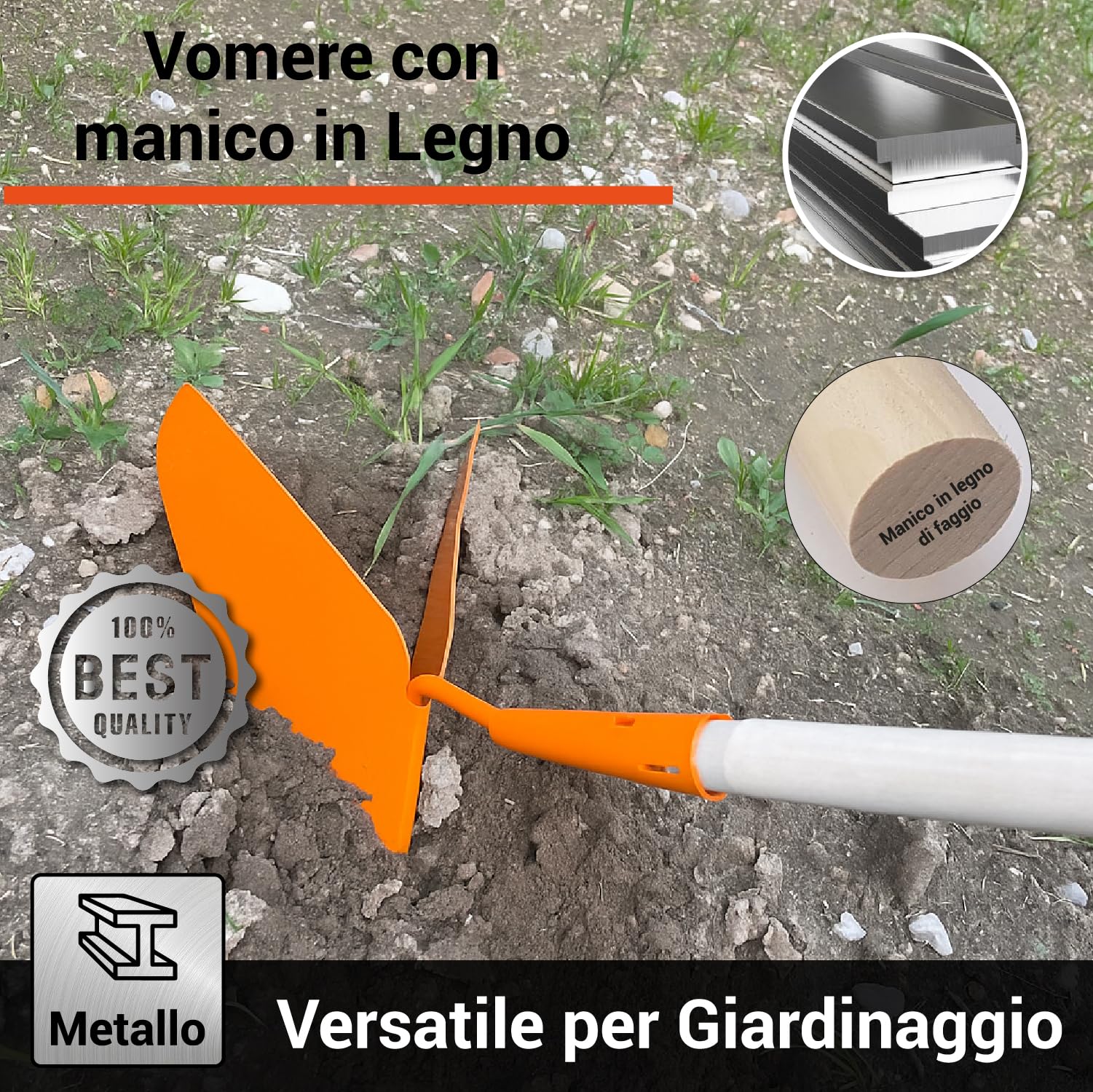 Crisalide® - Vomere Arancione Traccia Solchi In Metallo 27x30CM, COMPLETO DI MANICO In Legno 150CM, Indicato Per La Cura Dell'Orto E Del Giardino, Facile Da Utilizzare