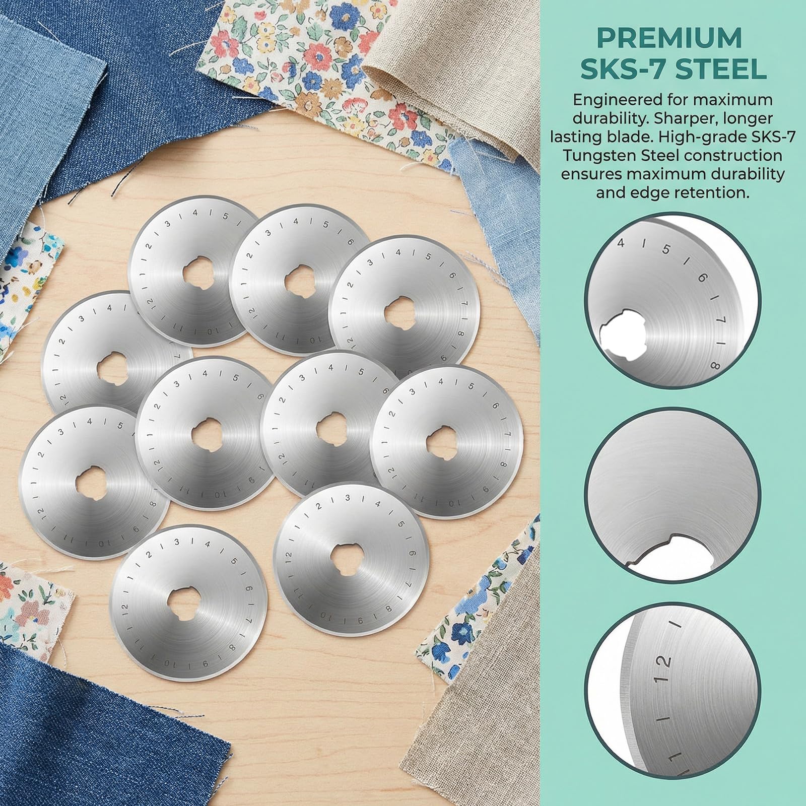 UPEOXT 10 Pack 45mm Rotary Cutter Blades, SKS-7 Steel Replacement Refills for Quilting Sewing Crafts, Sharp Rolling Razor Blade Compatible with Olfa Fiskars 45mm Cutters, with Storage Case - 3