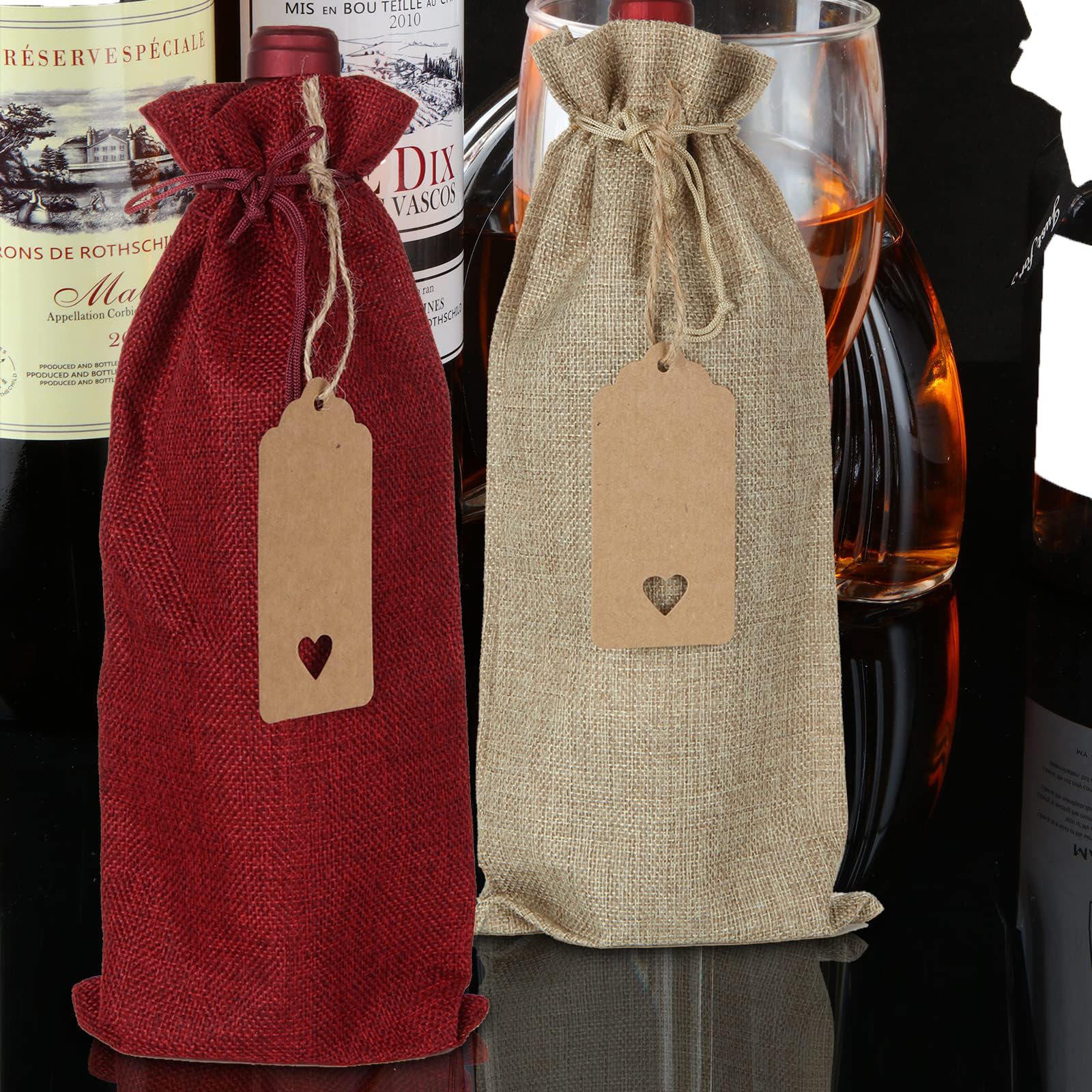 12 Sacchetti Regalo Per Bottiglie In Iuta Con Coulisse - 15x35 Cm, Con Etichette A Cuore E Spago, Riutilizzabili Per Vino, Champagne, Matrimoni E Natale