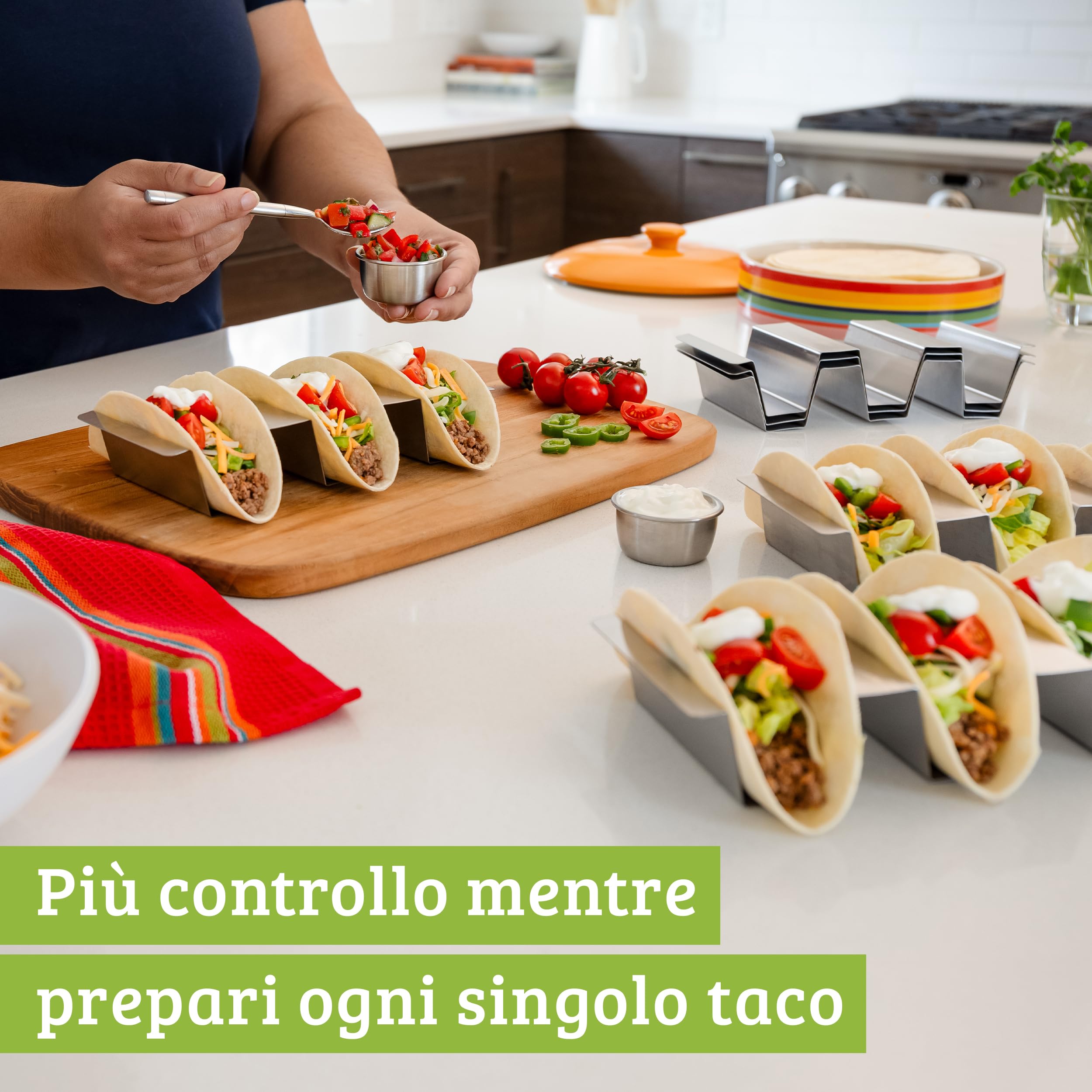 Porta Tacos Acciaio con Base Piatta Scanalata, Set 6 per Tacos Messicani e Tortilla, Ideale come Chef Accessori e Accessori Griglia per Forno o BBQ