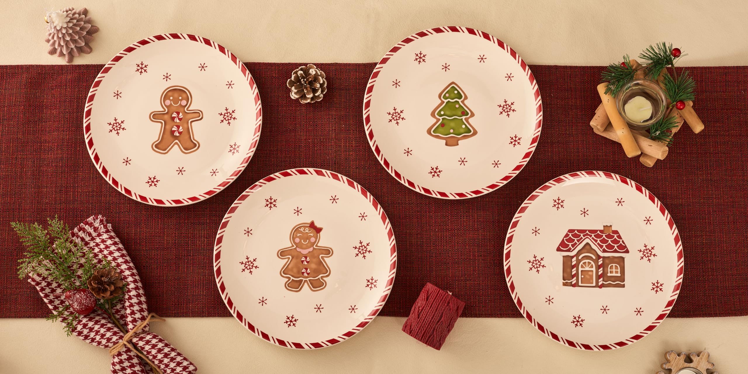 Bico Tradycyjny świąteczny piernikowy człowiek ceramiczny 22 cm świąteczny zestaw talerzy sałatkowych, zestaw 4 szt., do sałatek, przystawek, tapas, nadaje się do kuchenki mikrofalowej i zmywarki,