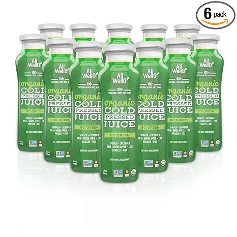 ALLWELLO Organic Cold Pressed Juice Drinks with Real Fruits and Vegetables Gluten Free Non-GMO Healthy Juices No Preservatives No Sugar Added (12 Pack, Go Green)