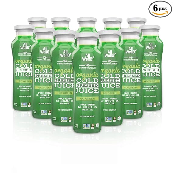 ALLWELLO Organic Cold Pressed Juice Drinks with Real Fruits and Vegetables Gluten Free Non-GMO Healthy Juices No Preservatives No Sugar Added (12 Pack, Go Green)