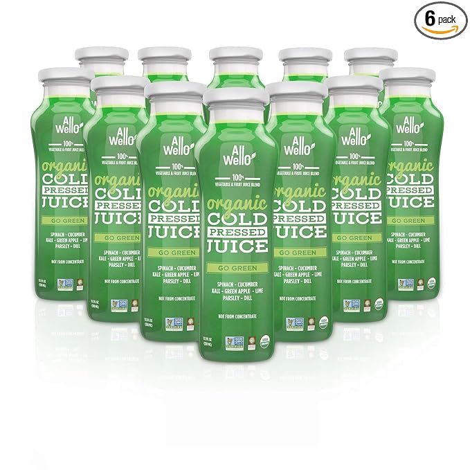 ALLWELLO Organic Cold Pressed Juice Drinks with Real Fruits and Vegetables Gluten Free Non-GMO Healthy Juices No Preservatives No Sugar Added (12 Pack, Go Green)