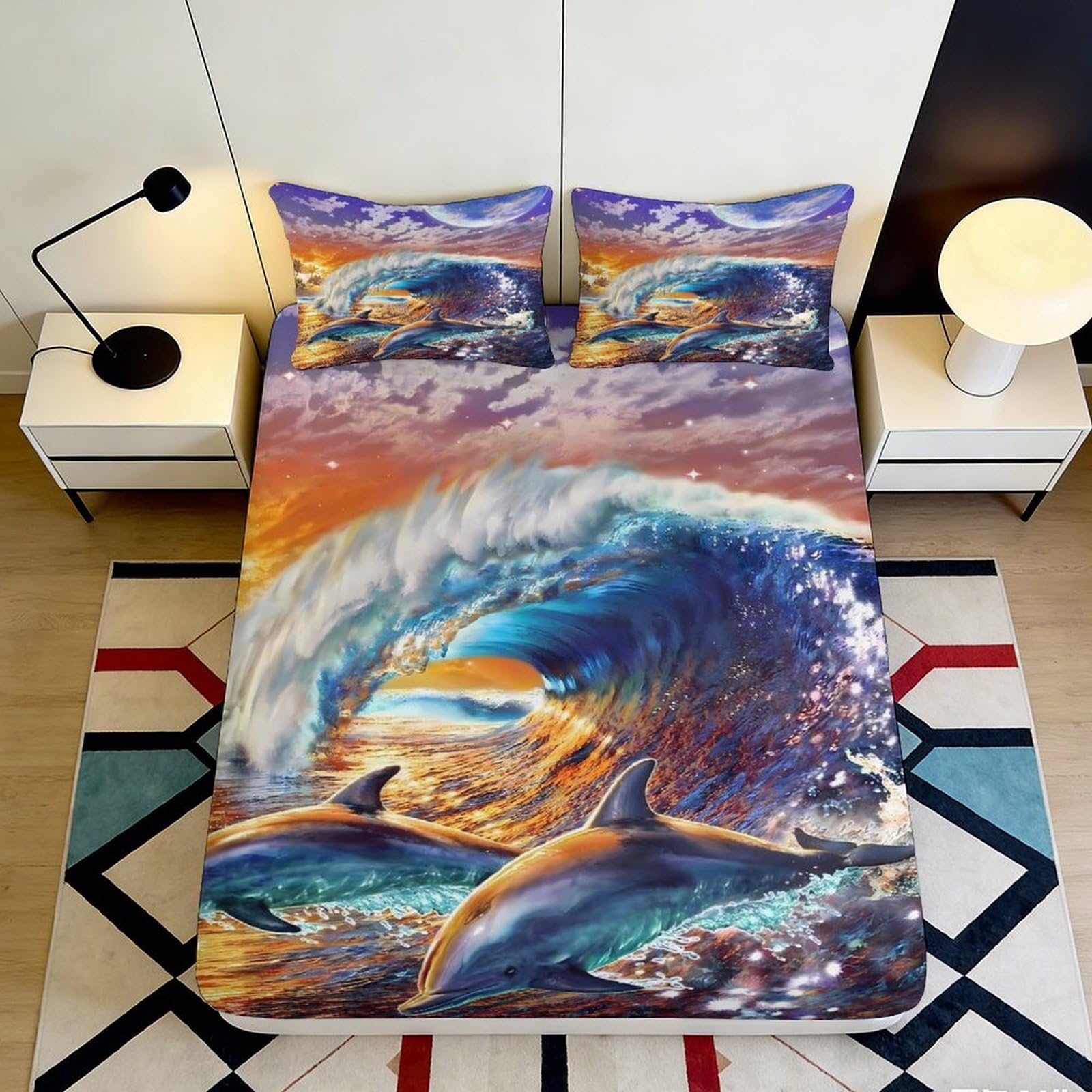 3D Printed Ocean Wave Fitted Sheet Microfiber Dolphin Sunset Bed Cover for Bedroom Guest Room Mattress Protection 90x200x25cm
