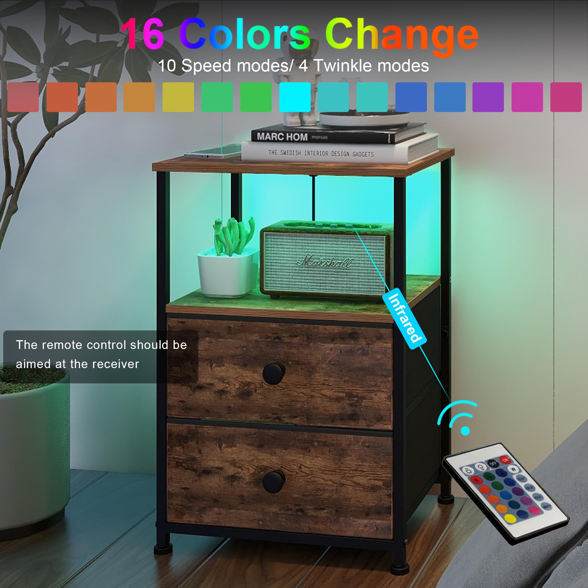 Tohomeor Nightstand with Charging Station USB Outlet and LED Light End Table Dresser with 2 Fabric Drawers Open Storage Shelf for Bedroom Living Room Sofa Beside (1, Brown)