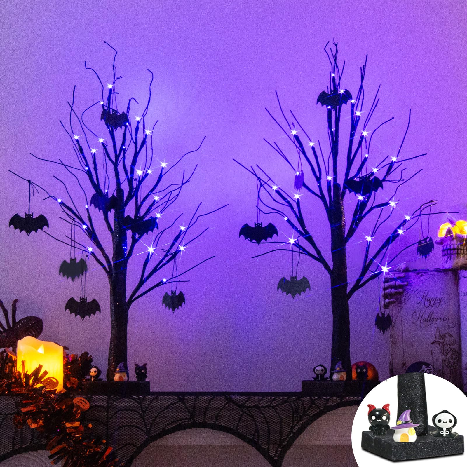 Vanthylit 2 Pack Halloween Tree, 2FT Spooky Black Tree Battery Operated with 24 Purple Lights and 8 Bats, Halloween Decorations Indoor Table Centerpiece with Timer for Mantel Office Haliday Decor