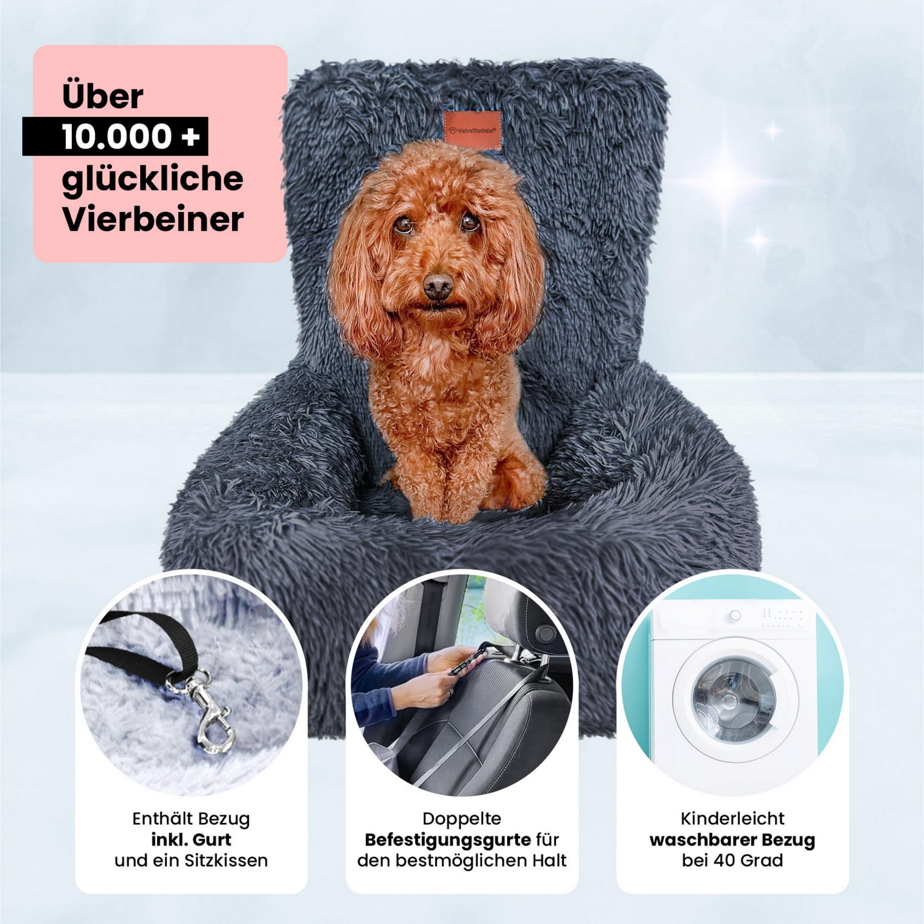 Wahre Tierliebe Hunde Autositz Fluffy inkl. Sicherheitsgurt - waschbarer Hundesitz Auto in schwarz/weiß für kleine, mittlere & große Hunde I Autositz Hund, Hundeautositz, Hund Auto, Hundebox