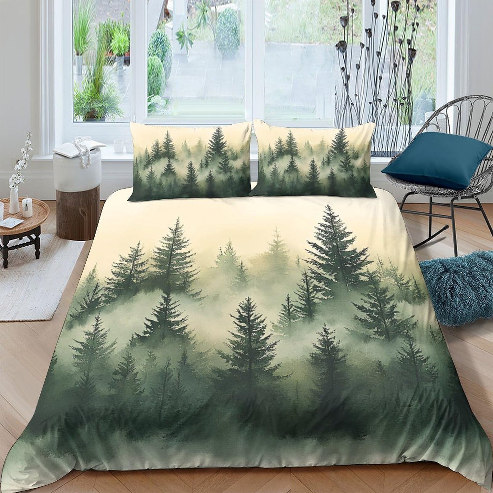 Ctjqhvkz Style-1 3D Printed Misty Forest Fitted Sheet Microfiber Soft Breathable Pine Woods Bed Cover For Bedroom Guest Room Decor Single（135X200cm）
