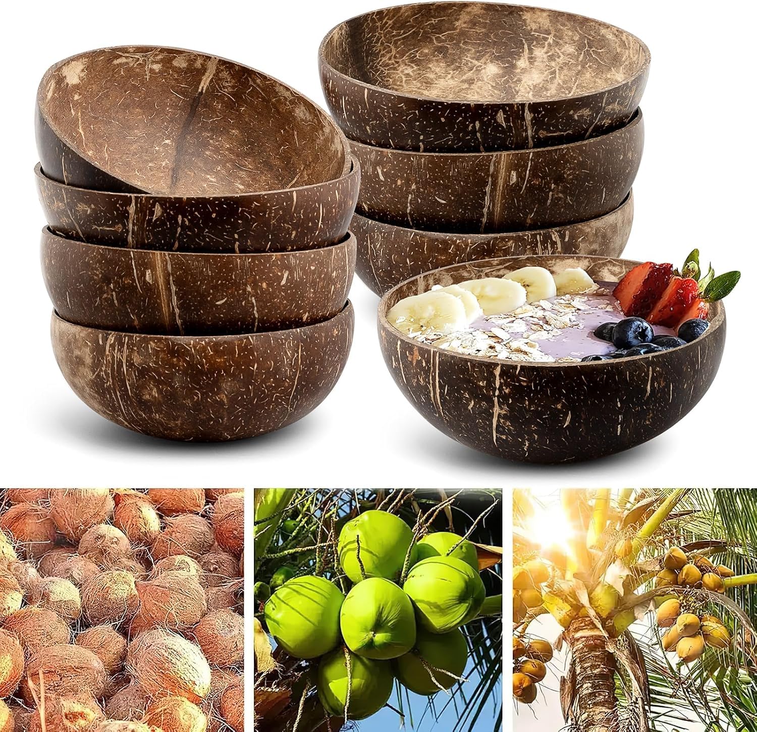 MALLOOM Lot de 12 bols en coquille de noix de coco, bols polis en bois 400 ml, bol naturels pour smoothie et açaï, bol Bouddha, idée cadeau vegan, décoration de cuisine